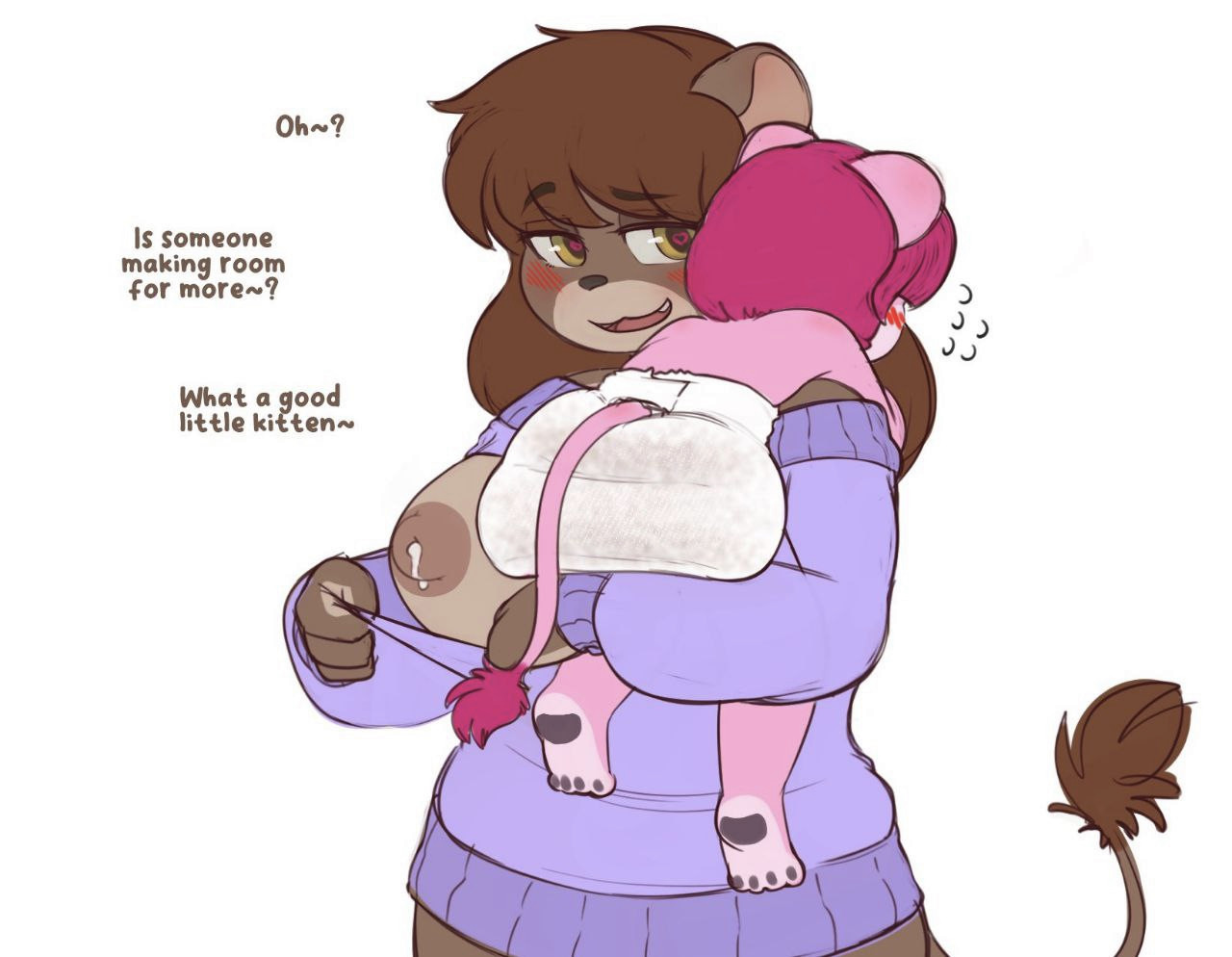 Candle (Mommy lion) has turned Lutra (usually a pink otter) into her little, pamper packing kitten. She's lifting her, arm under her mushy pampers, and popping out one of her lactating breasts.