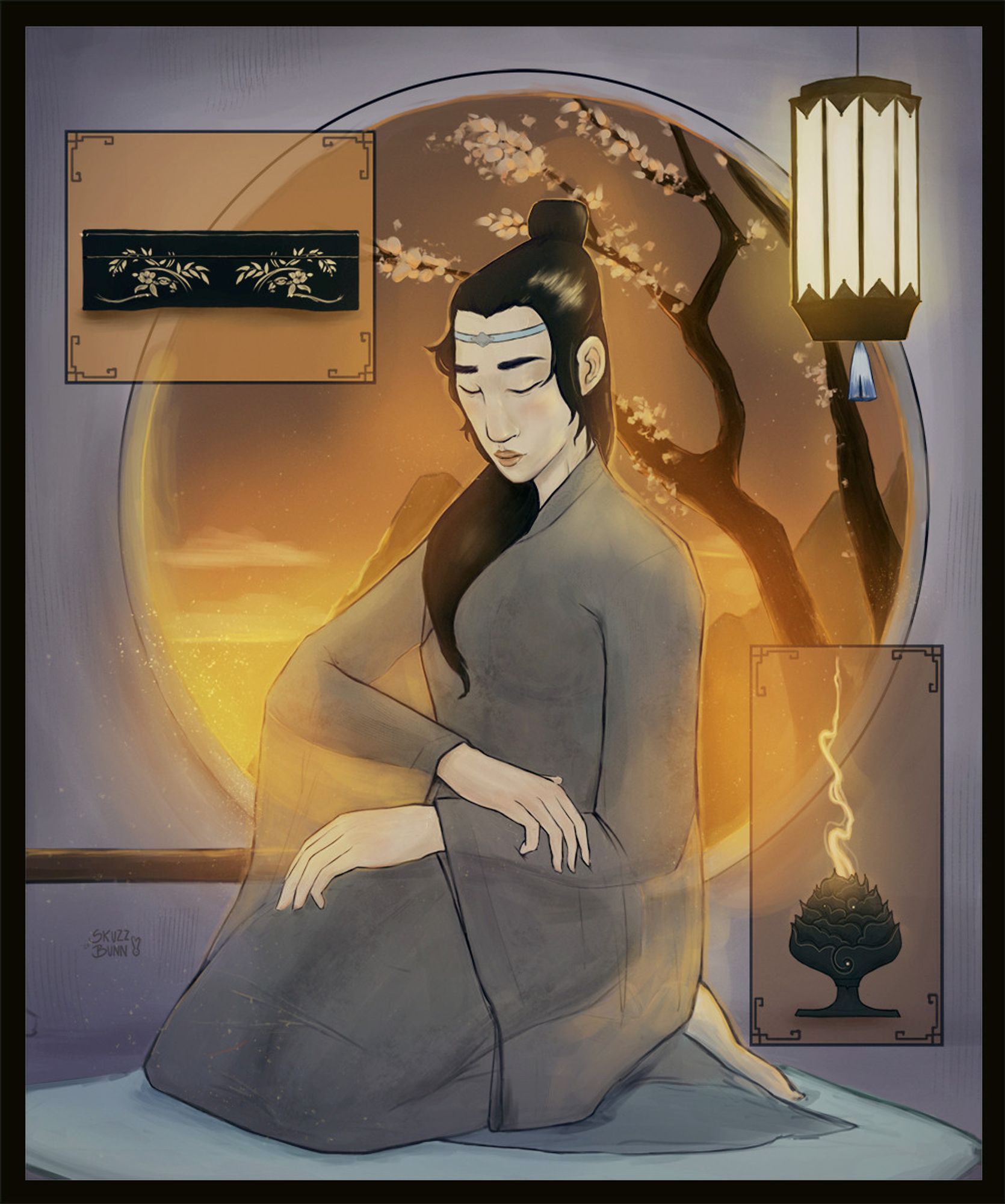 painting by @skuzzybunny of Lan Wangji kneeling in a sheer grey robe, with sunset lighting coming in behind him from a circular window. Inserts of a black lacquer box and an incense burner are in the corners.