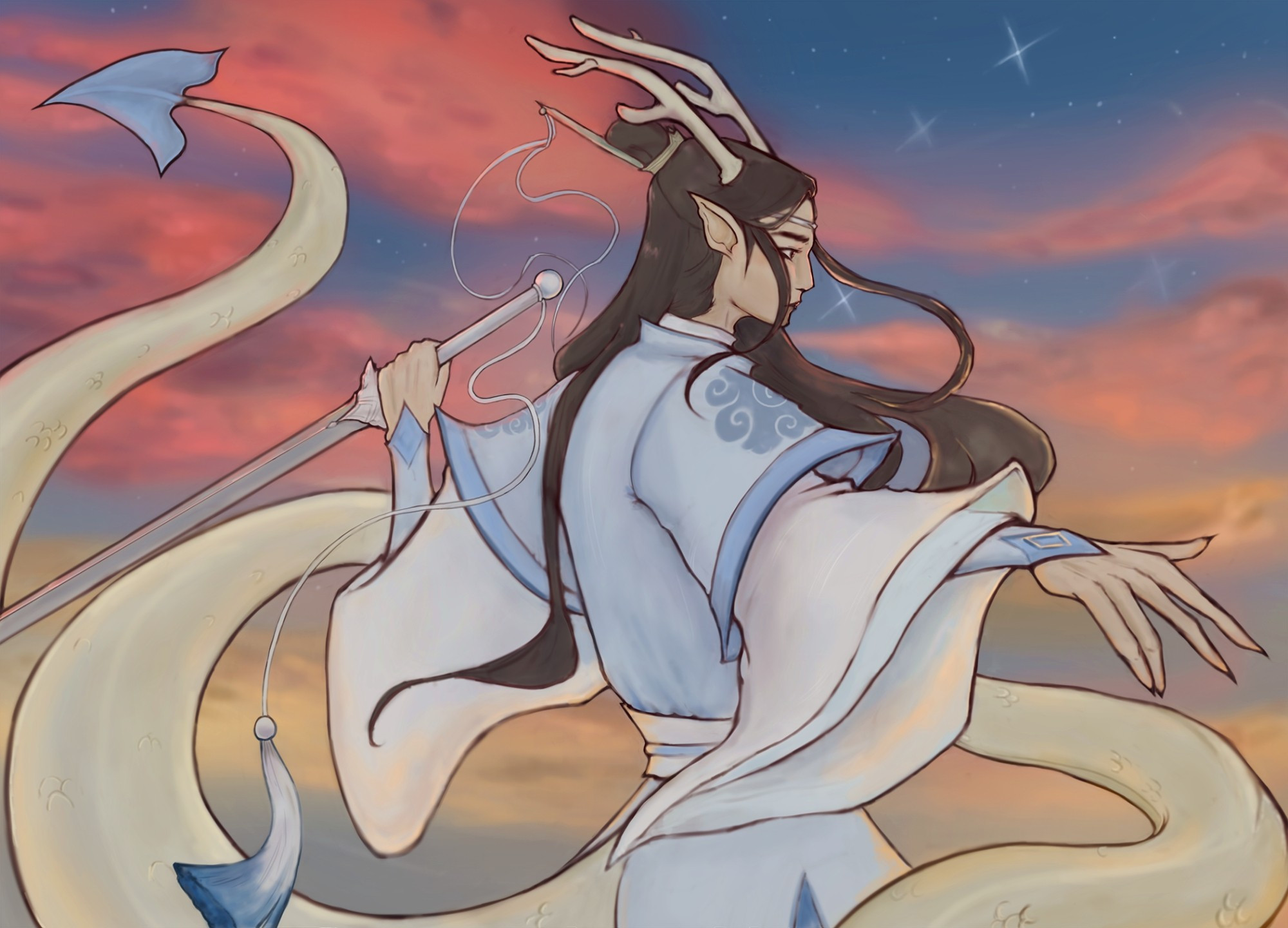 Painting by @skuzzybunny of Lan Wangji with dragon horns and a tail, his arms outstretched holding Bichen in his left hand. The sunset in the background fades to a few stars in the sky