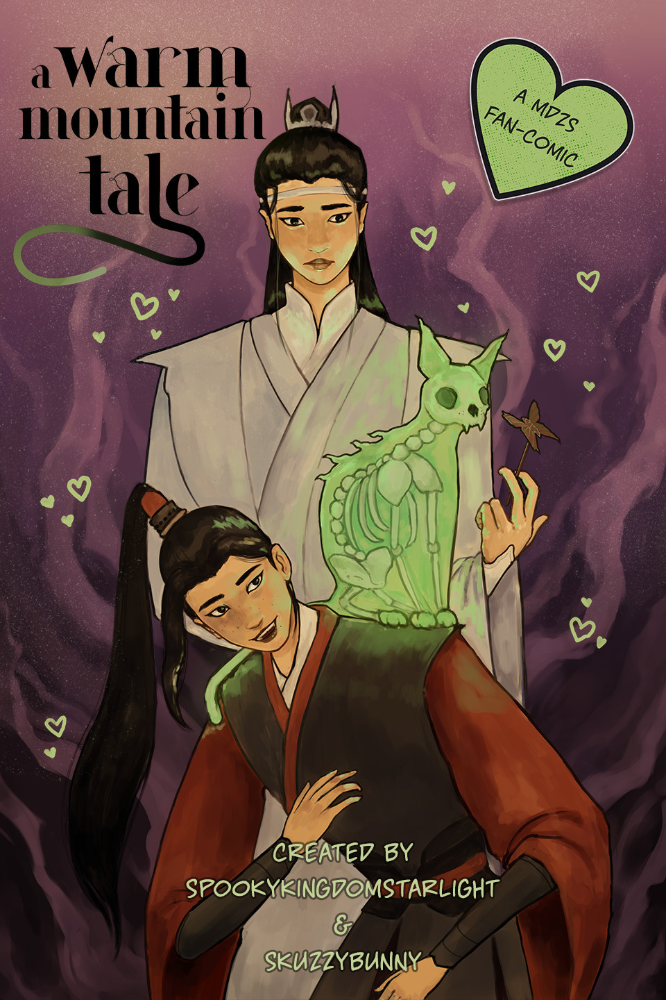 a purple and green cover featuring Wei Wuxian bent over, smiling with a glowing green skeletal cat on his shoulder. Lan Wangji stands behind with a small soft expression holding a paper toy. Text reads 'a warm mountain tale' where the L in 'tale' is shaped somewhat like a cat's tail. then 'A MDZS FAN-COMIC' in a green heart. And at the bottom 'Created By SpookyKingdomStarlight & Skuzzybunny'