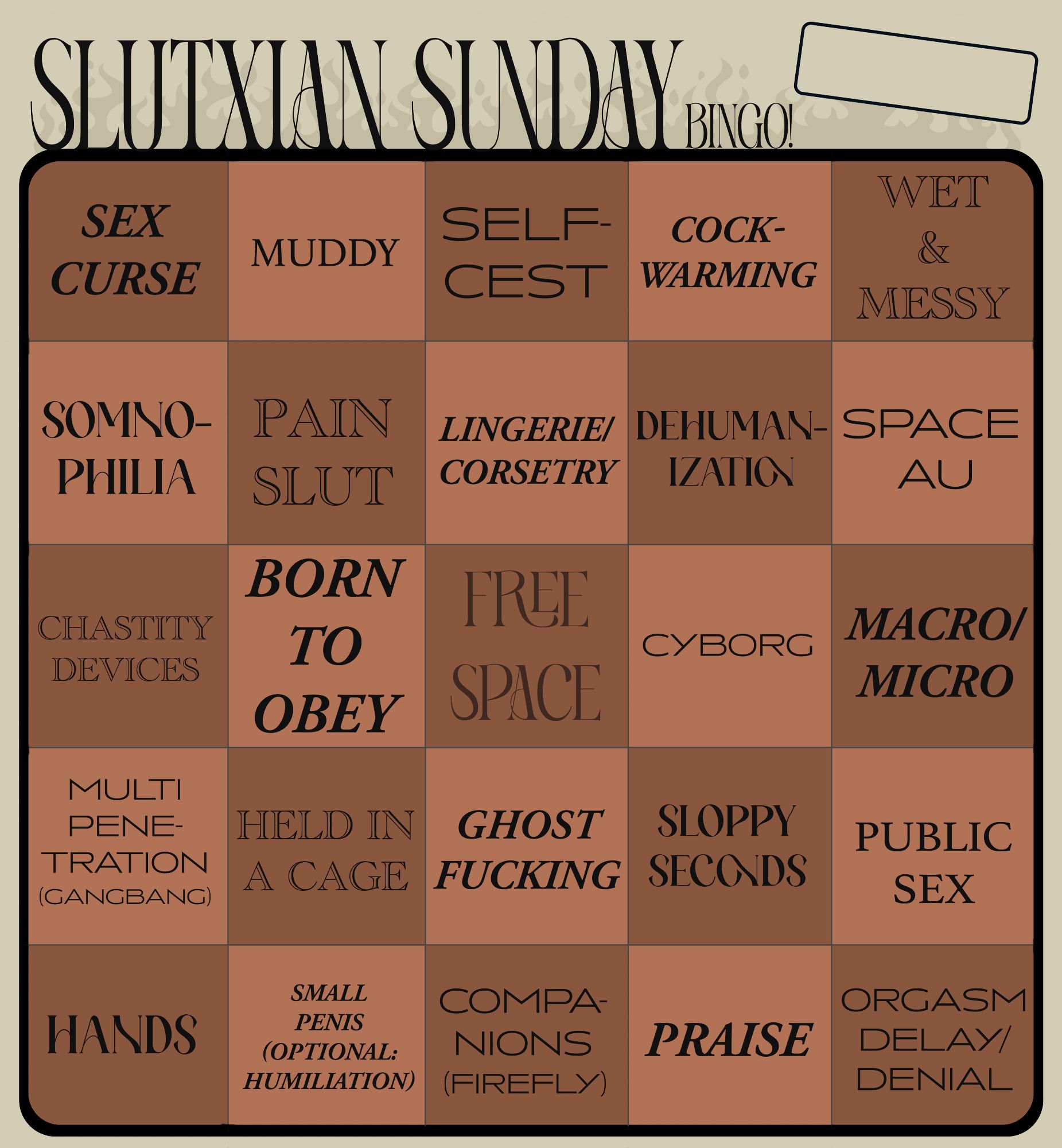 Bingo card entitled 'Slutxian Sunday Bingo!" with various prompts that fill up the checkered 25 square board, including prompts like "Sex Curse", "Ghost Fucking", "Public Sex", etc.