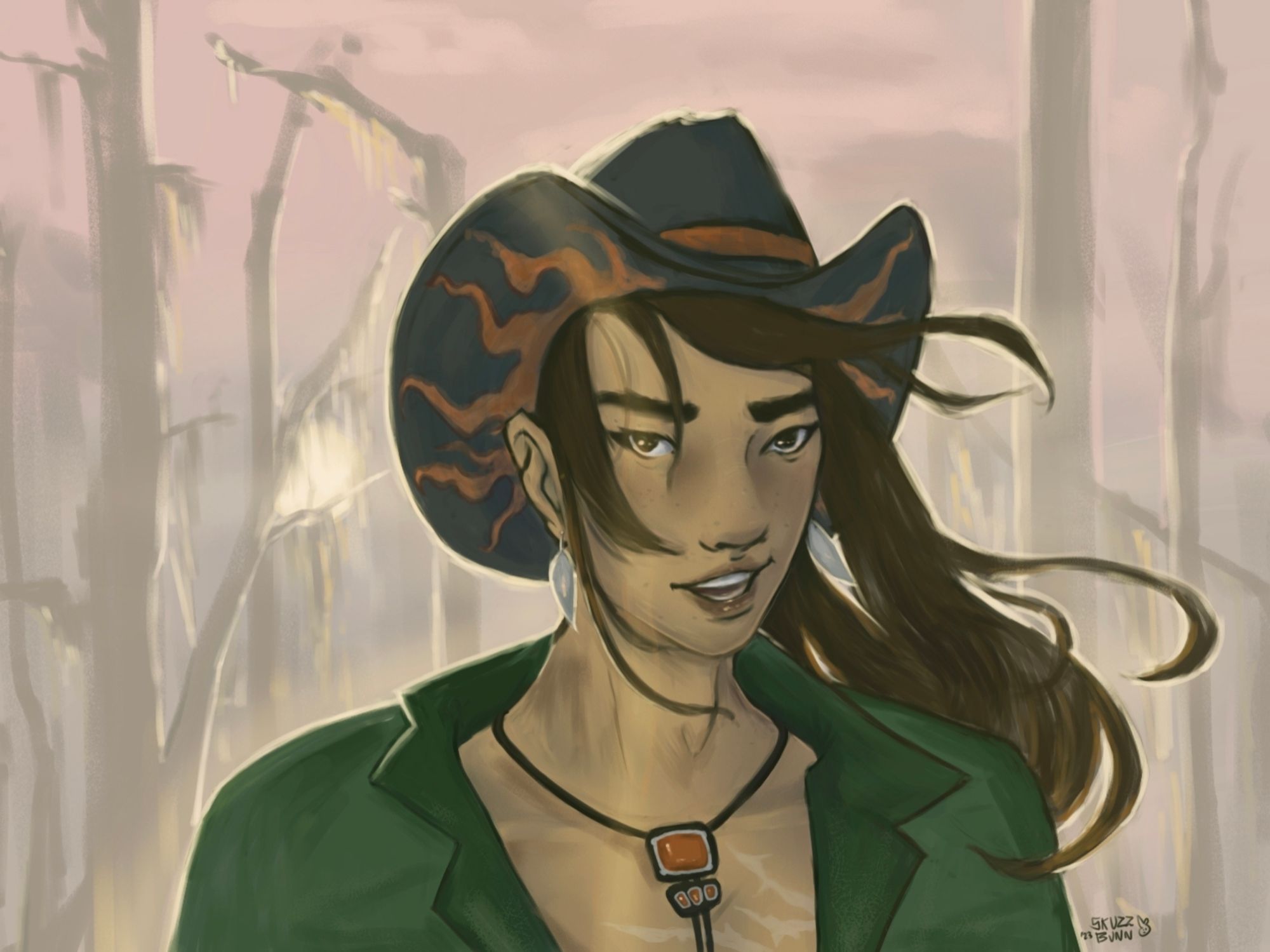 Digital painting by @skuzzybunny of a man with long hair looking at the viewer. He wears a cowboy hat with flames and a bolo tie with an open jacket. The swamp is illuminated by a sunset.