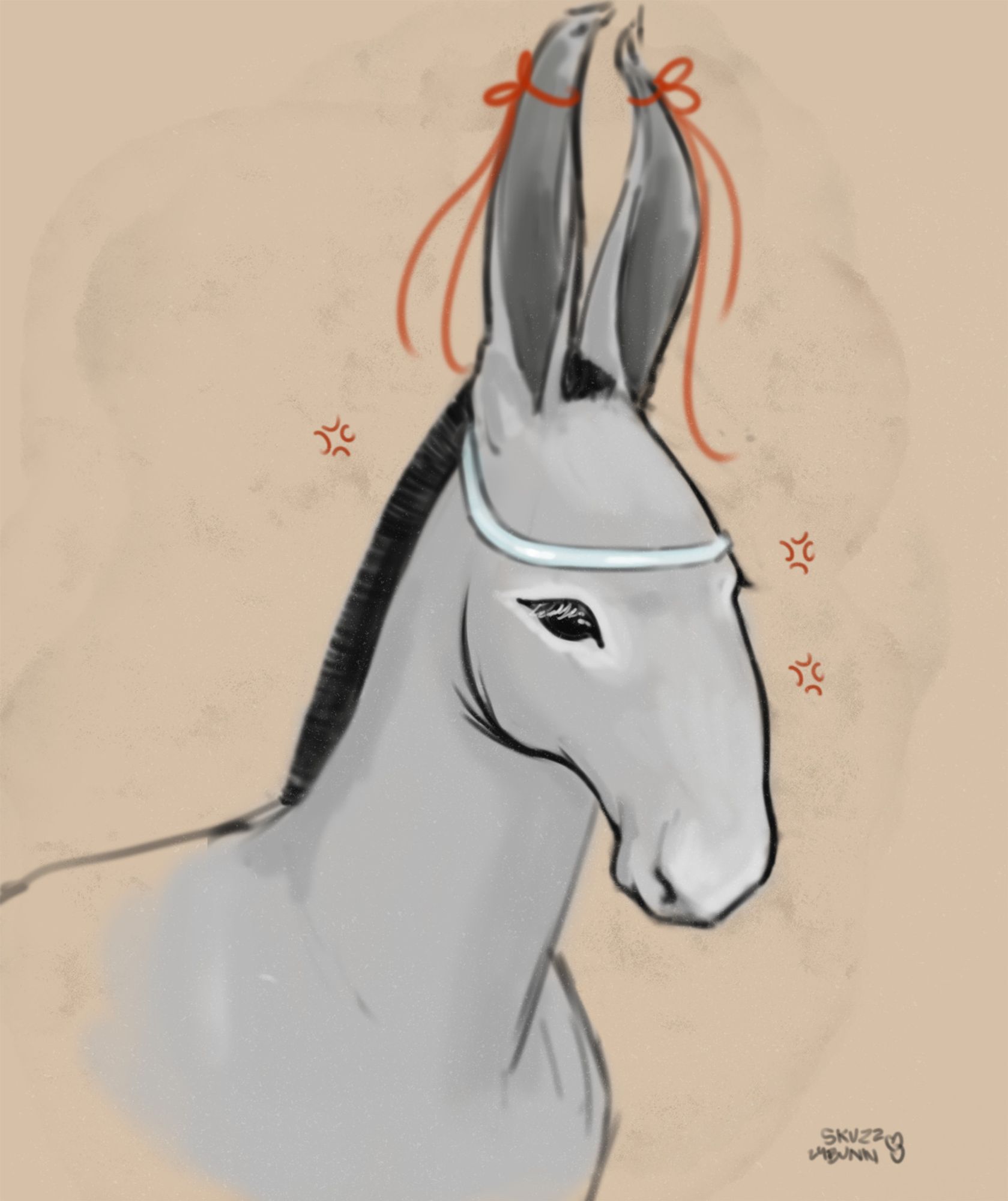 sketch of a donkey wearing a blue ribbon around it's forehead and two red ribbons on each of it's erect ears