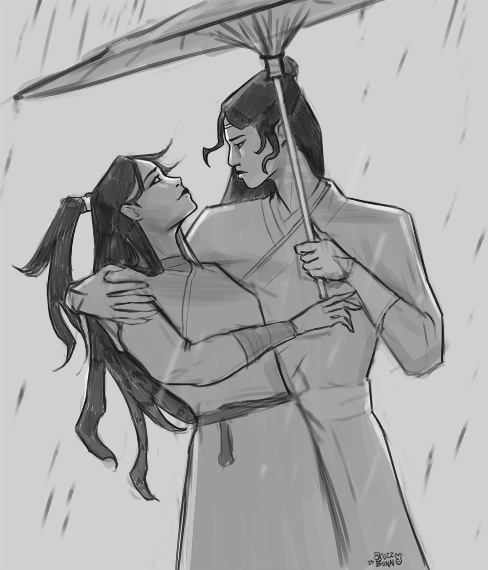 sketch by user @skuzzybunny of two women in hanfu in the rain. One, holding an umbrella in one hand and supporting the other ones shoulder with the other.