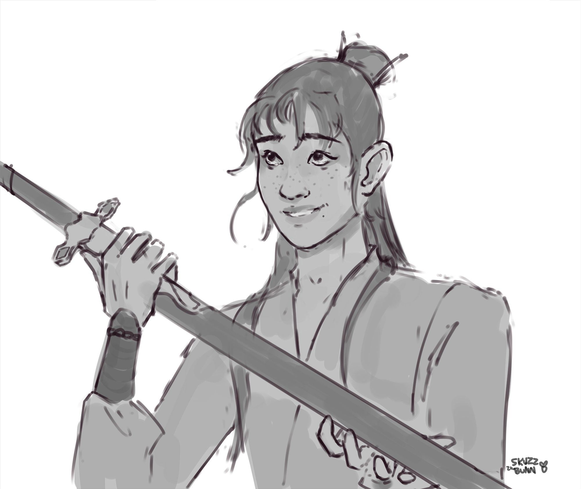 black and white sketch of a young boy in hanfu smiling to something offscreen while holding a sheathed sword in front of him with both hands, tears well in his happy eyes