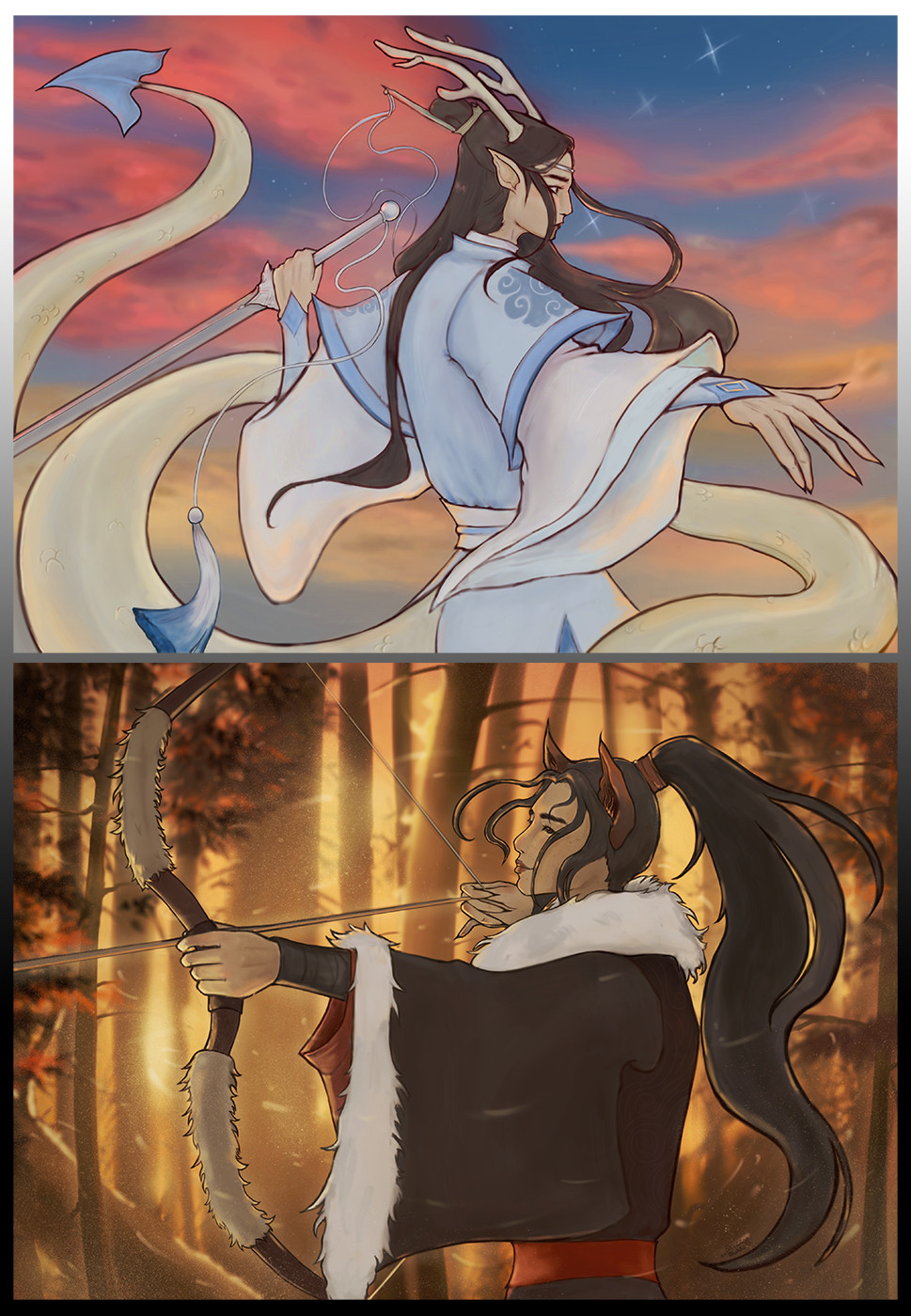 Diptych by @skuzzybunny of LWJ and WWX in hybrid forms. LWJ, above as a dragon against a glowing sunset and WWX, below, as a fox weilding a bow against an autumnal forest.