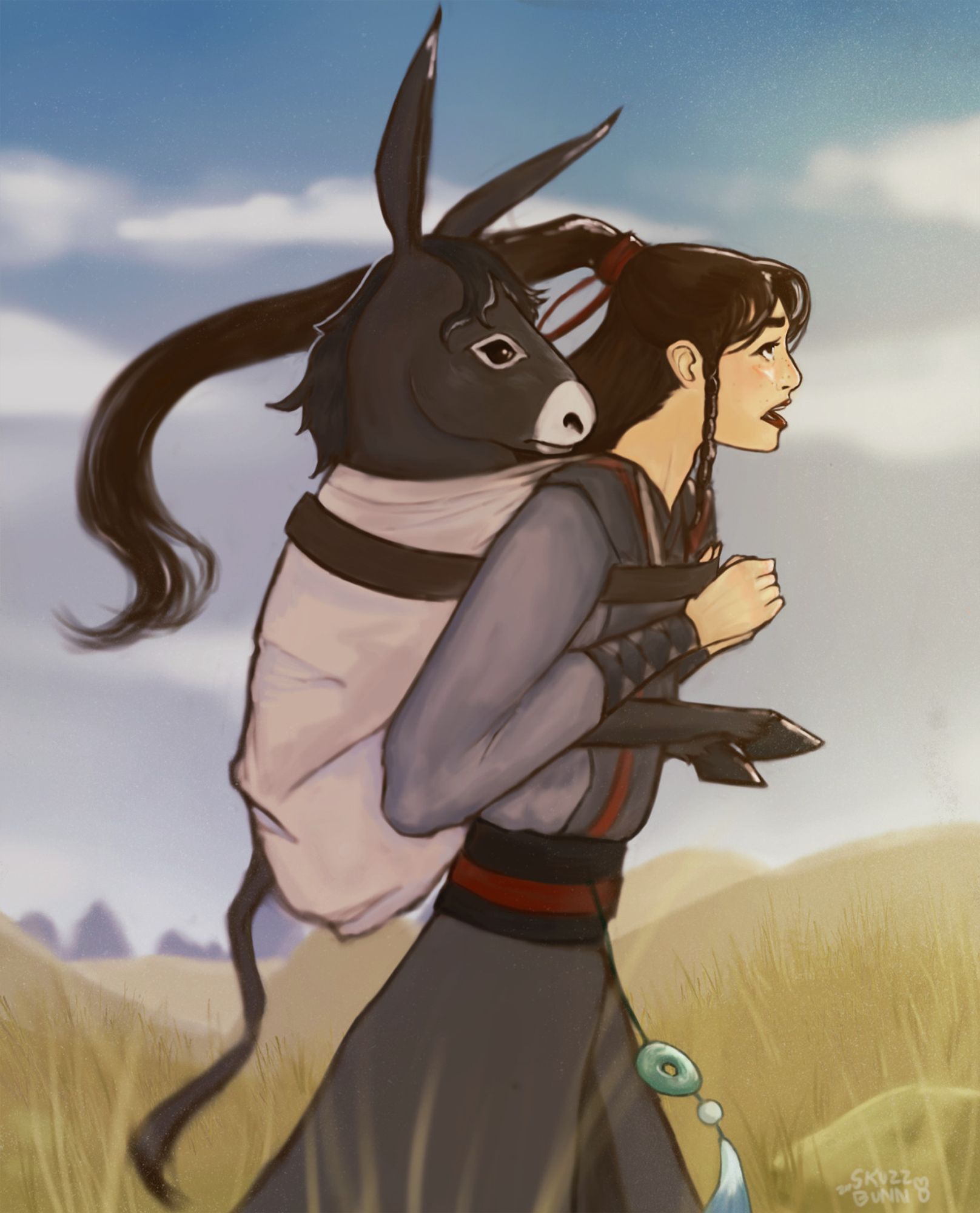 Painting by @skuzzybunny of Wei Wuxian carrying a small donkey on his shoulders in a bag in a grassy field towards the sun.