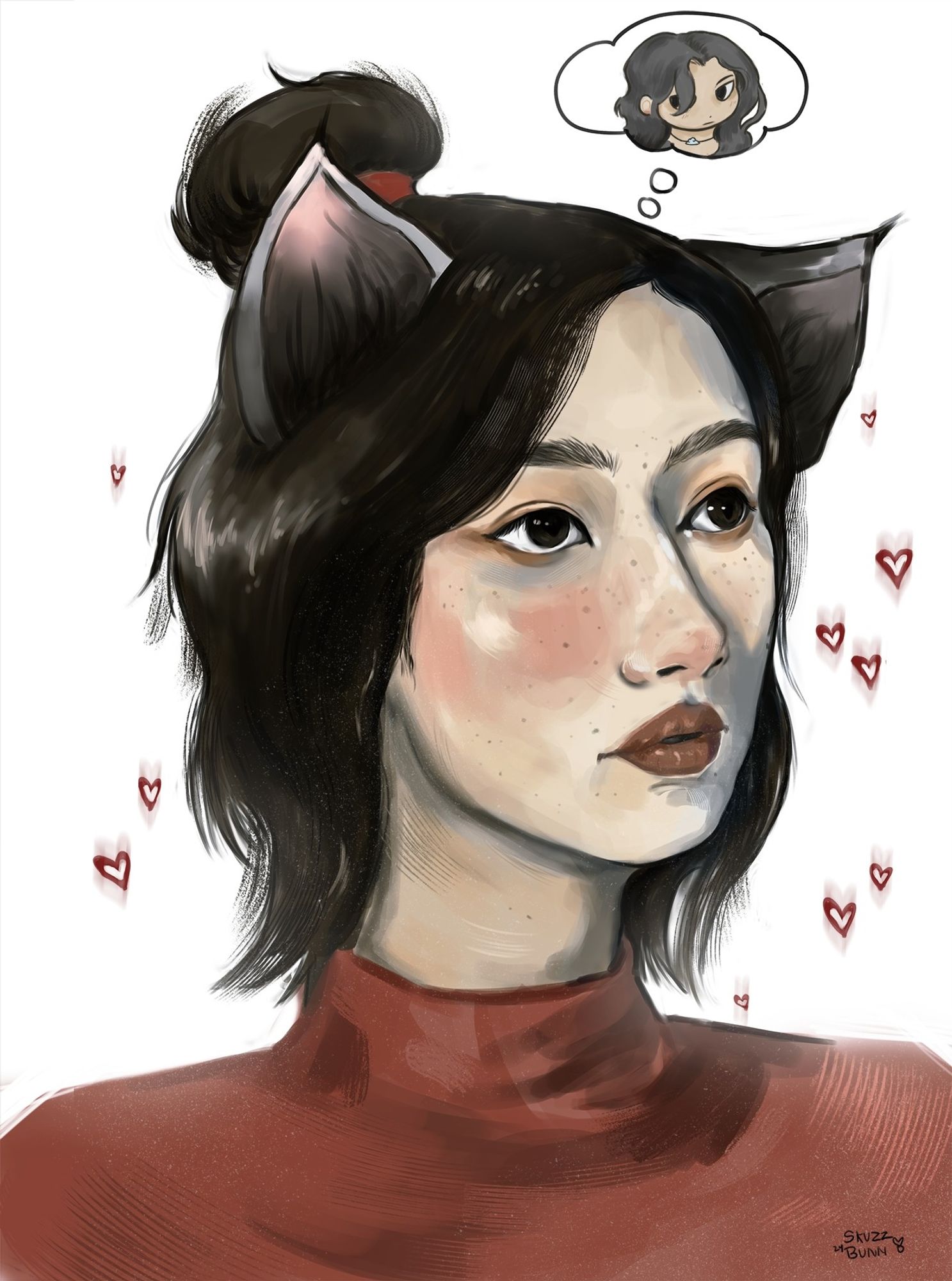 Illustration of a person with a shaggy short haircut and Grey cat ears wearing a dazed expression and a red turtleneck. Little red hearts float around them