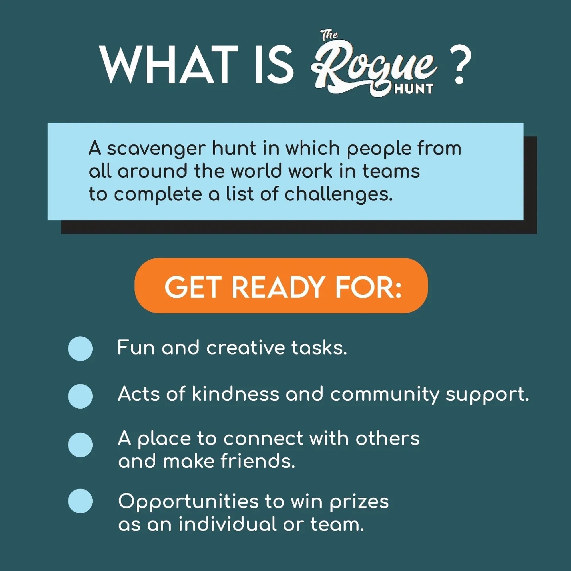 What is the Rogue Hunt?
A scavenger hunt in which people from all around the world work in teams to complete a list of challenges.
Get ready for:
-Fun and creative tasks
-Acts of kindness and community support.
-A place to connect with others and make friends.
-Opportunities to win prizes as an individual or team.