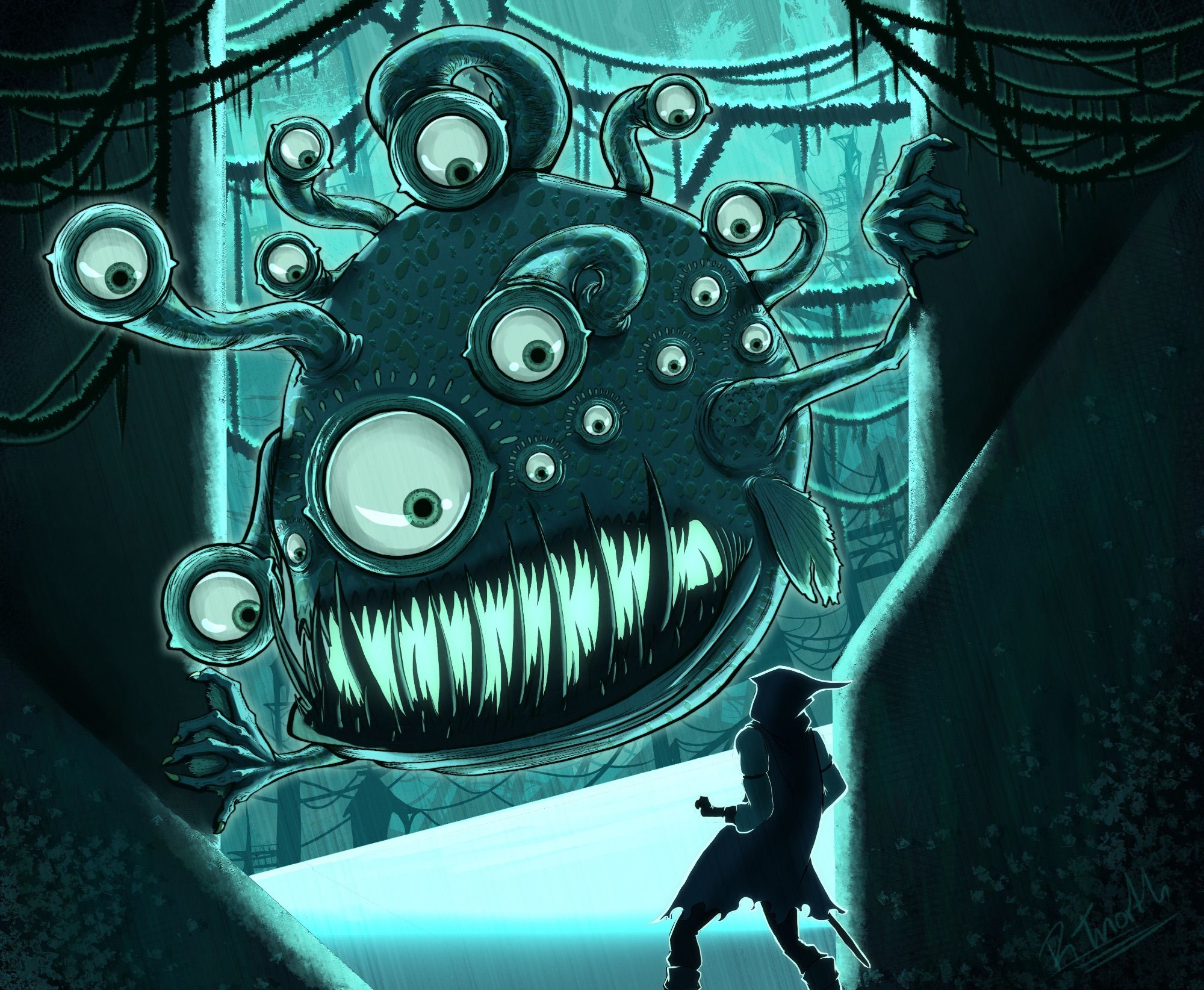 A digital drawing in all teals, greens and blues of a many eyed beholder, globular in shape and covered in a lumpy, mottled teal skin. It has vestigial fins, and skinny arms ending in clawed hand. It is peering around a gap between two maze walls at the much smaller figure of an adventurer. It seems to be guarding the strange ruins beyond.