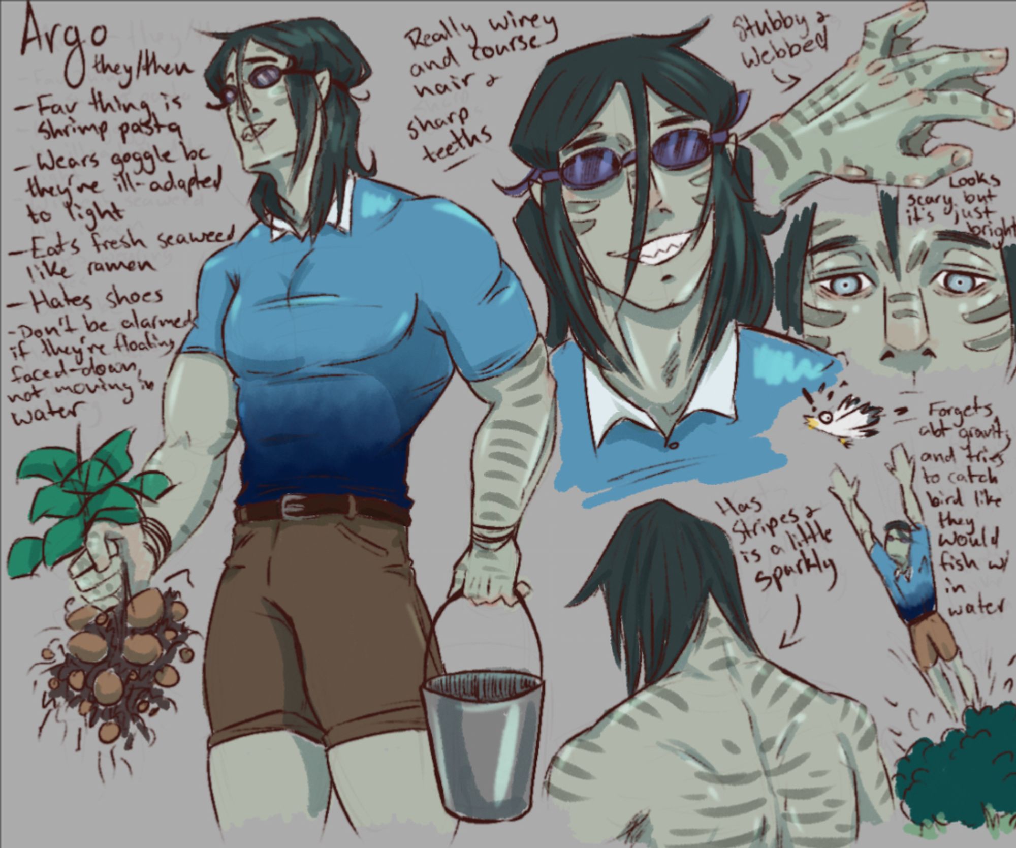 A character sheet showing a pale green skinned humanoid with dark stripes, and sharp shark-like teeth. They have outgrown dark green hair, goggles that cover pale blue eyes, and vestigial fins between their fingers. They are very muscular and tall, dress in brown shorts and a blue shirts. In one image they are leaping out of a bush after a panicked seagull. In another they are holding a pail and a sprout of potatoes.