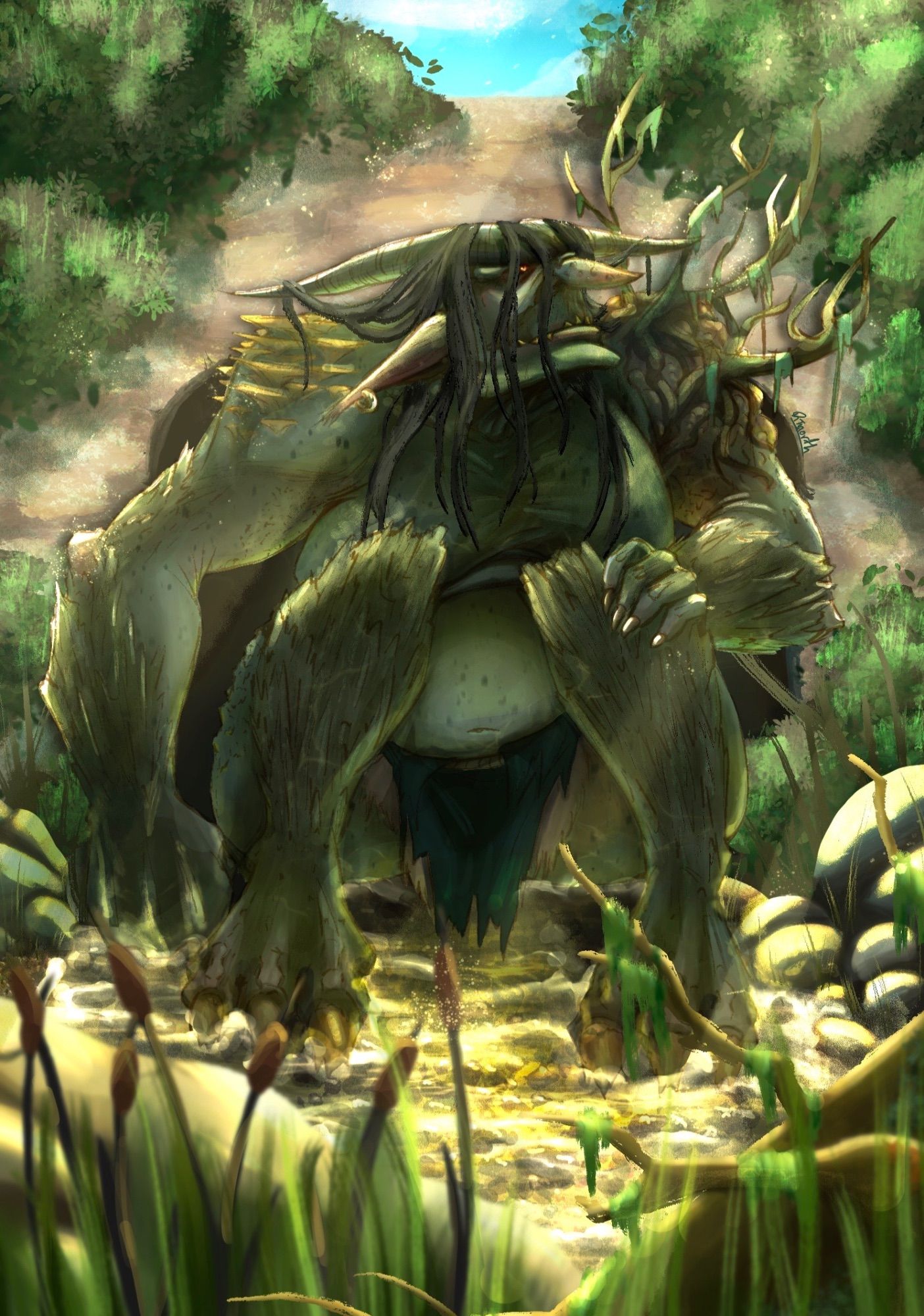 Art of a large, horned bridge troll with dark green skin that is speckled in some places, and textured like bark on other crouches beneath a bridge on a bright sunny day. She looks up to the right from beneath a heavy brow and land dark hair. Her shoulder is mutated and branches are growing out of the swollen flesh. On the other shoulder grow yellow fungus.