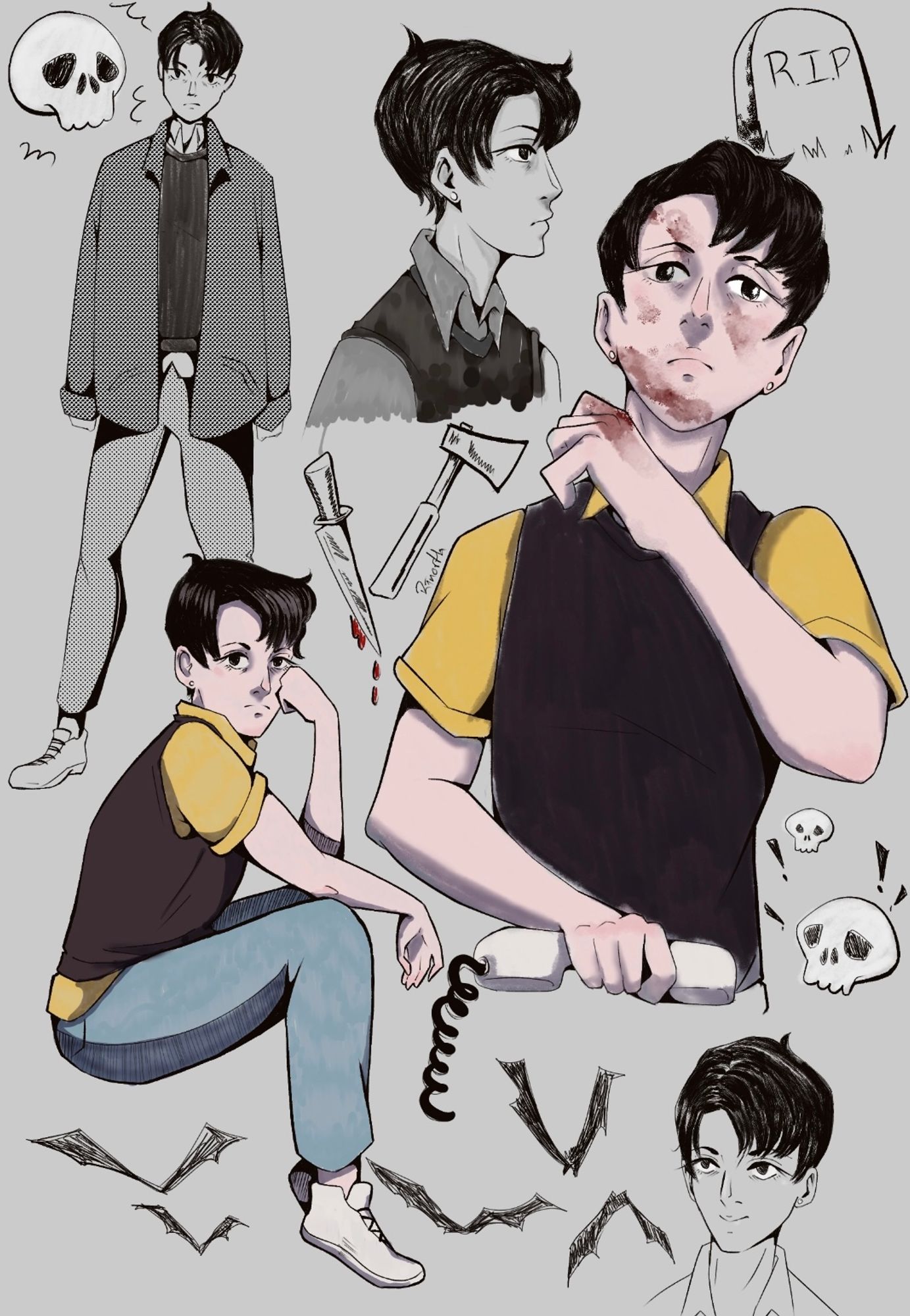 A character sheet showing digital art of an androgynous character in different poses with different expressions. The have short black hair, wear a yellow shirt, brown sweater vest, and pale jeans. In one pose they are splattered in blood and holding a phone suggesting there is something sinister about them, despite the other poses being fairly mundane, from sitting, to stand to simple portraits.