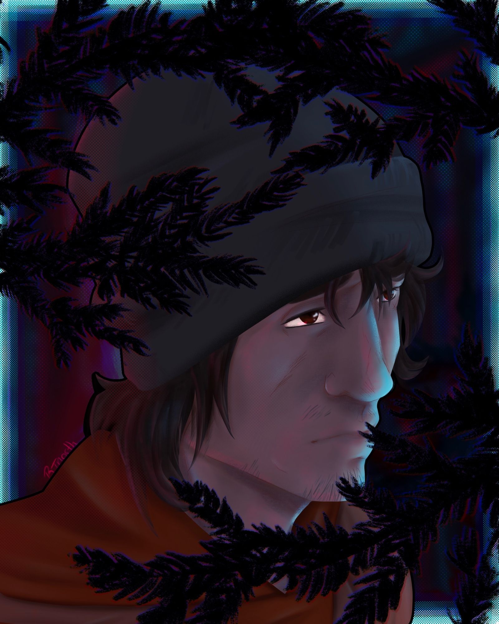 Digital art of my OC Colton’s face. His face is set into an expression of consternation as he looks right, off screen. His eyes are dark brown, and so is his hair which is long and peeks out from beneath a grey tuque. Framing him are the branches of a short needled coniferous tree. The whole of the image is fairly dark, suggesting it is night time, although is face is lit by both a blue and pink light.