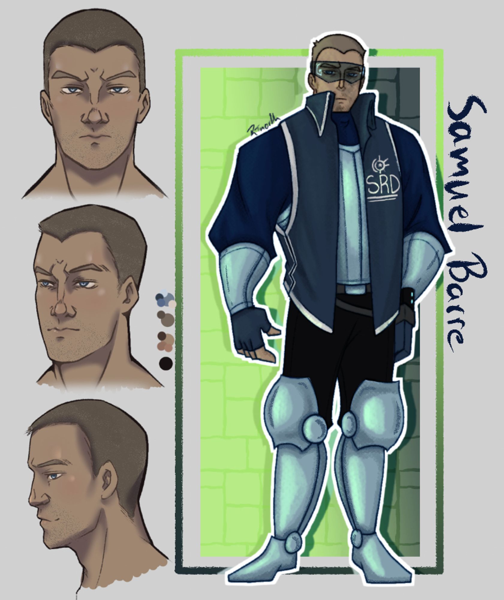 Character sheet showing a man in a blend of fantasy armour and more modern gear in a pallet of blues, and greys as well as his portrait in three different angles: straight on, 3/4s and profile. He is lightly tanned, has blue eyes, a very close cropped hair. His name, Samuel Barre, is written on the side.