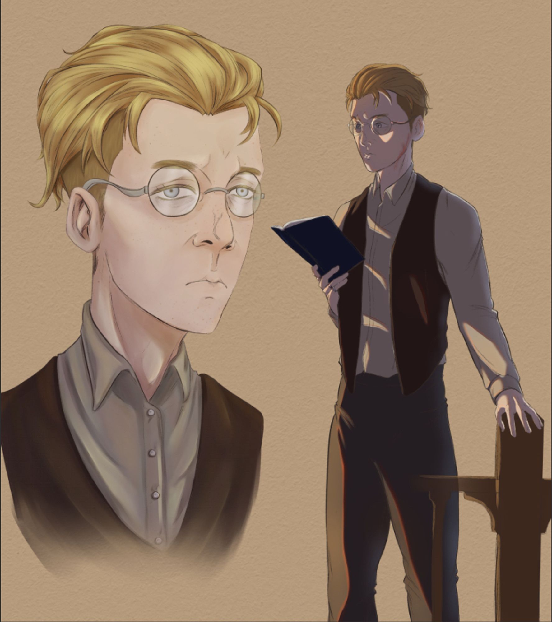 Art of a character with a concerned expression, a tidy, short blonde undercut, and old fashioned spectacles.  Their clothes are equally old fashioned, a waist coat over a button up shirt and high waisted trousers. In one image they stand next to a railing while holding a book, while the other is a portrait.