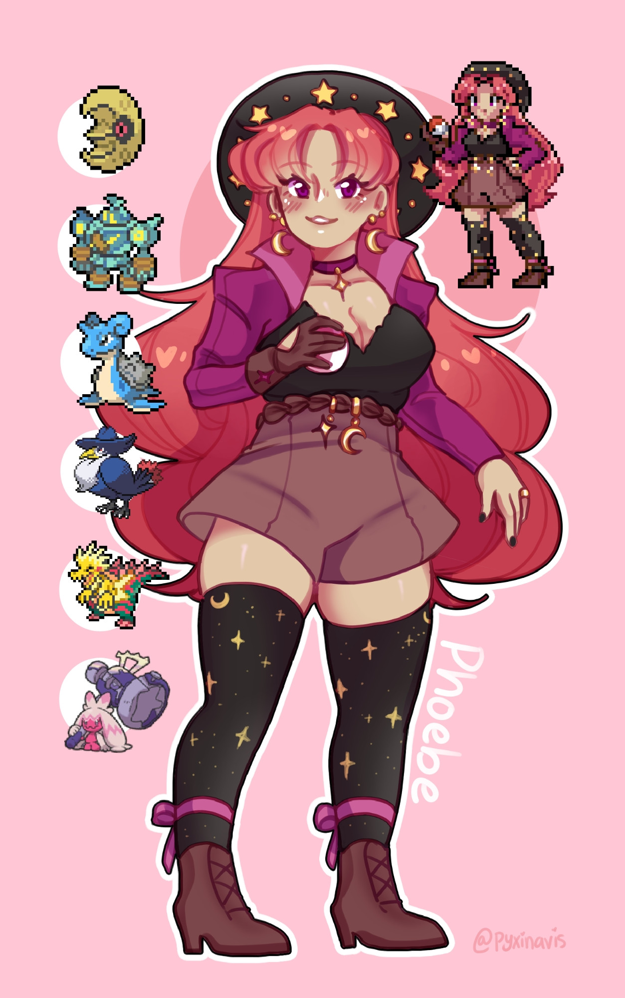 The human version of my dnd tiefling, Phoebe. Her Pokemon team consist of her partner, Lunatone, then Golurk, Lapras, Honchkrow, Dracozolt, and Tinkaton. There's also a little Trainer sprite of Phoebe that I made myself.