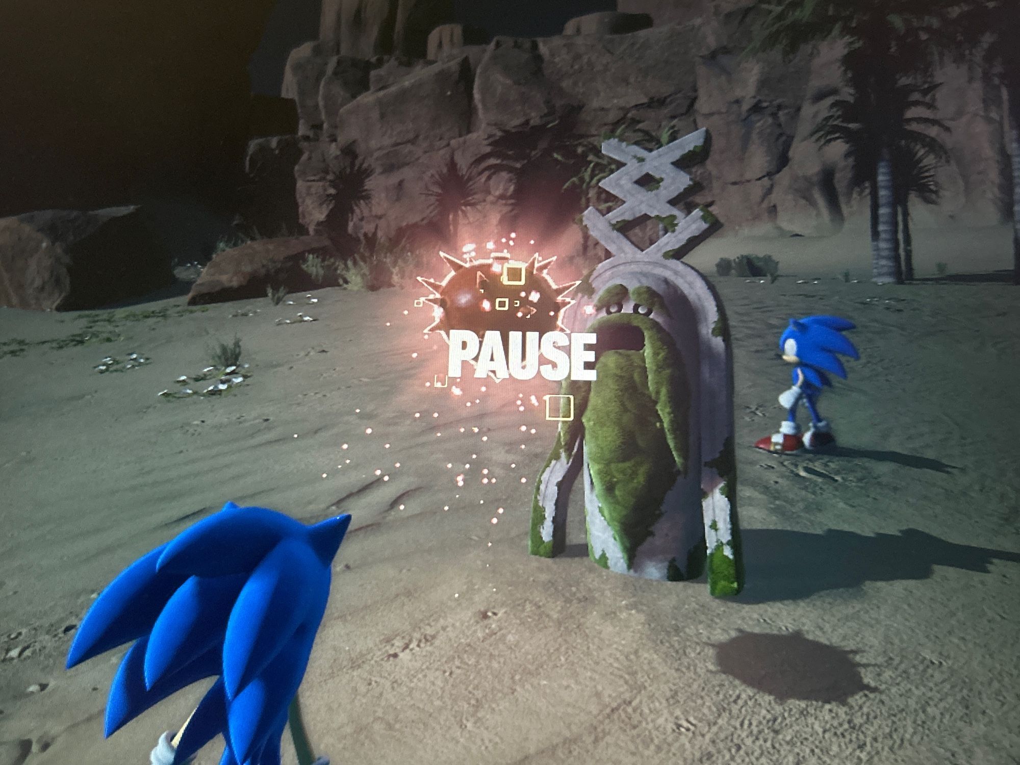 Sonic Frontiers screencap with two Sonics
Visual bug caused by talking to the Koco before the map expansion (?) scene plays after clearing a challenge