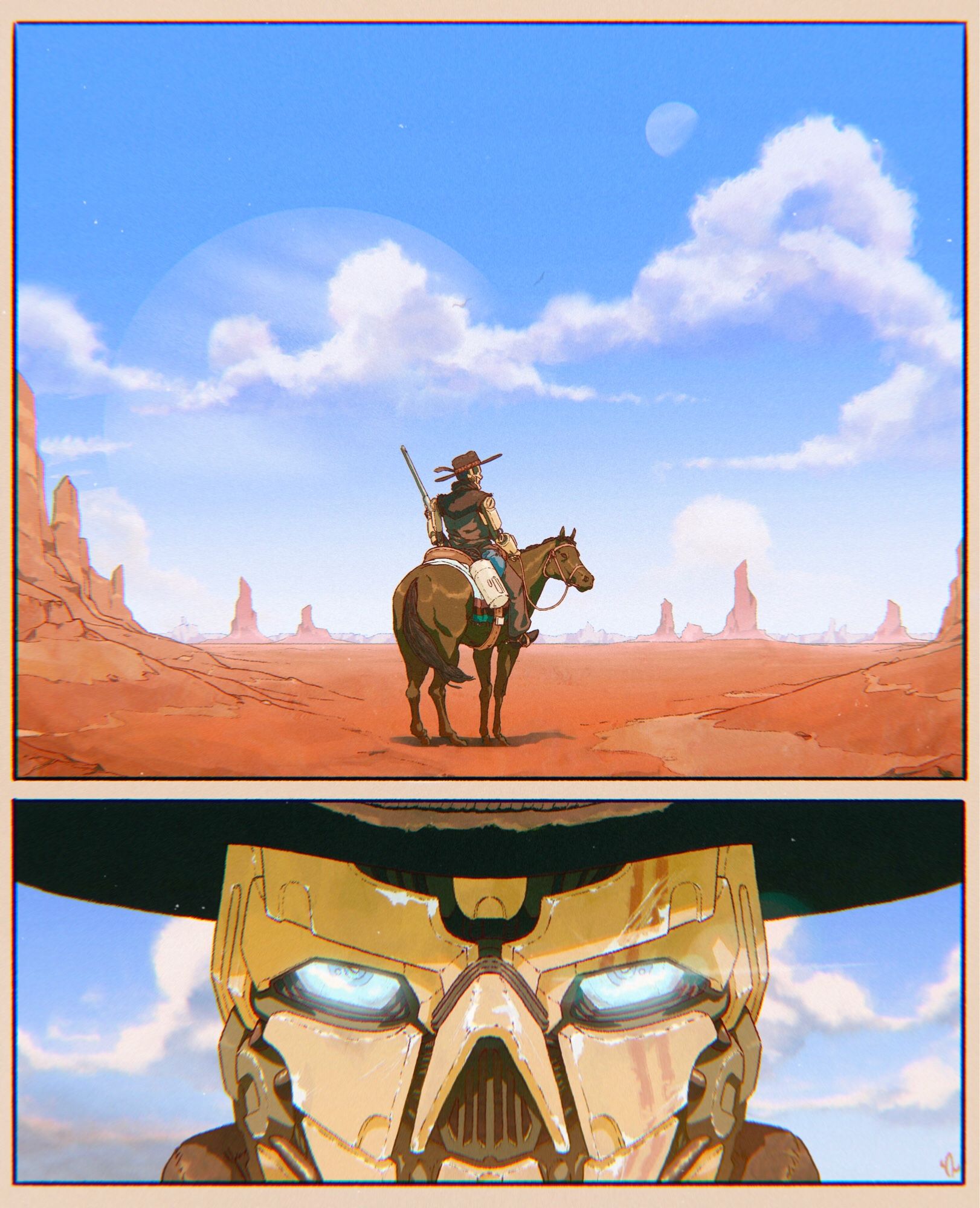 panel 1: A robotic cowboy rides a horse through the deserts of a desolate alien planet

panel 2: His sky blue eyes glint under the shade of his hat