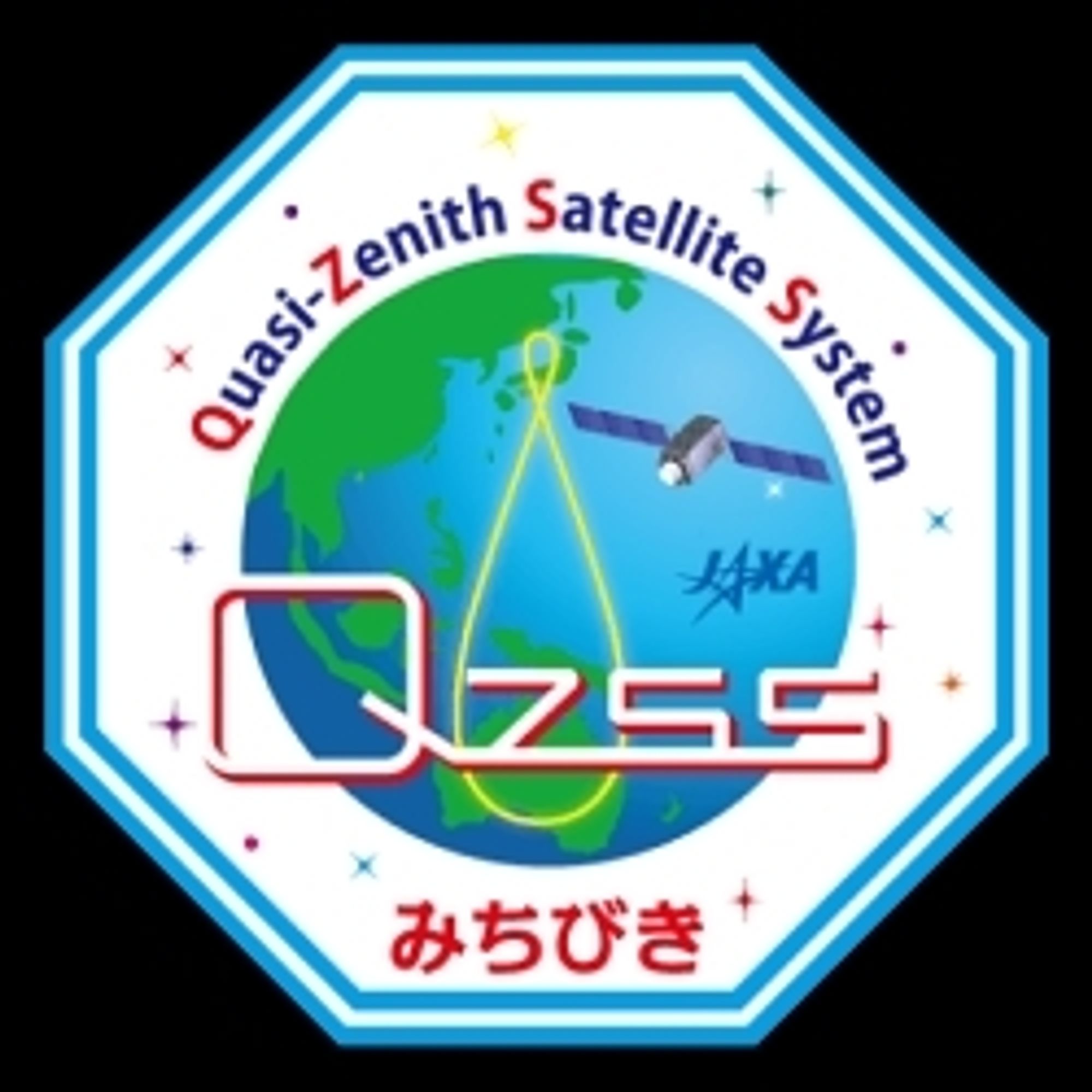 Logo of the Quasi-Zenith Satellite System/みちびき. A map of East Asia and Oceania has a figure eight imposed on it between Japan and Australia, and a picture of a satellite sits on the side.