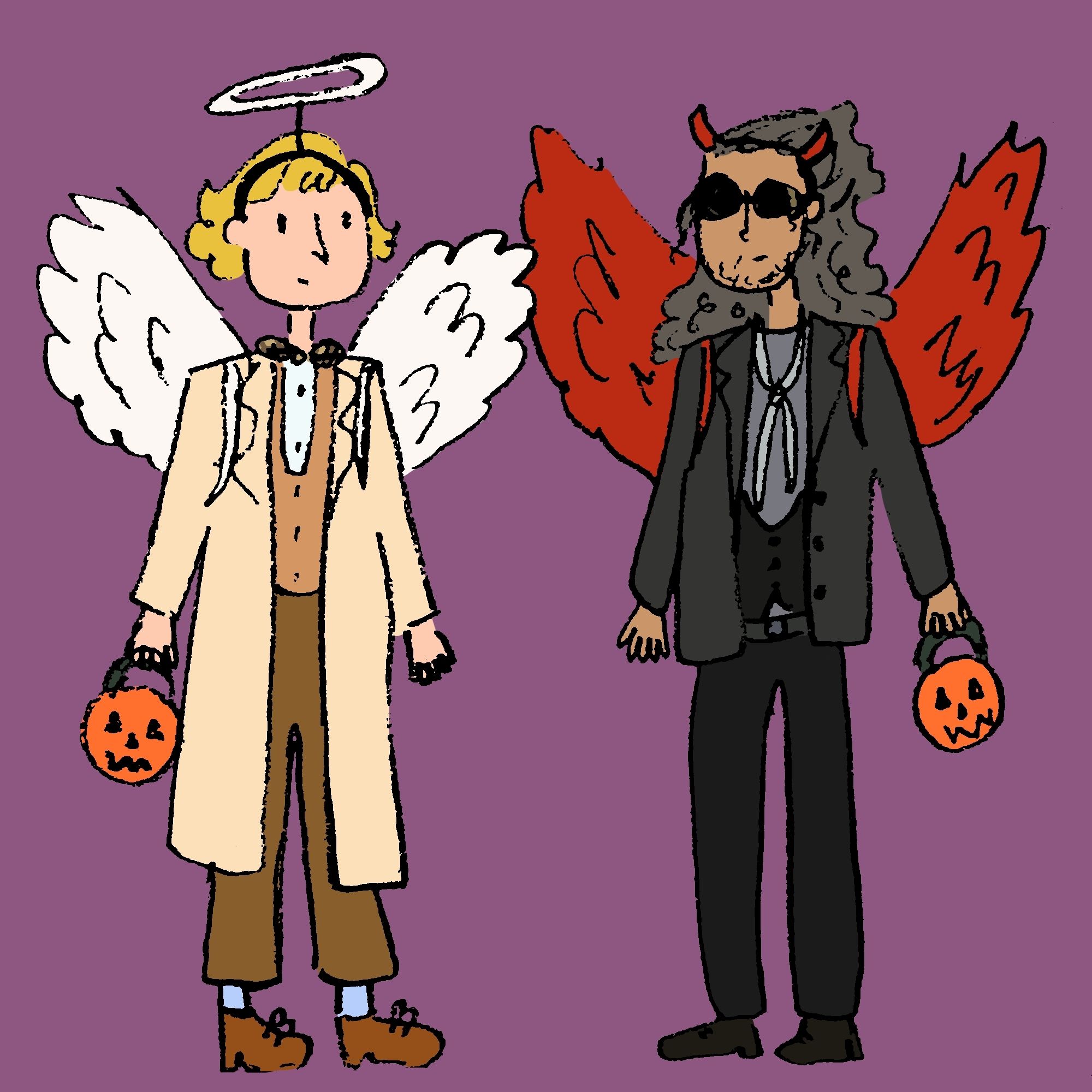 A cartoon illustration of Stede and Ed from Our Flag Means Death. Stede is dressed as Aziraphale from Good Omens, and Ed is dressed as Crowley. They both have Halloween pumpkin buckets.