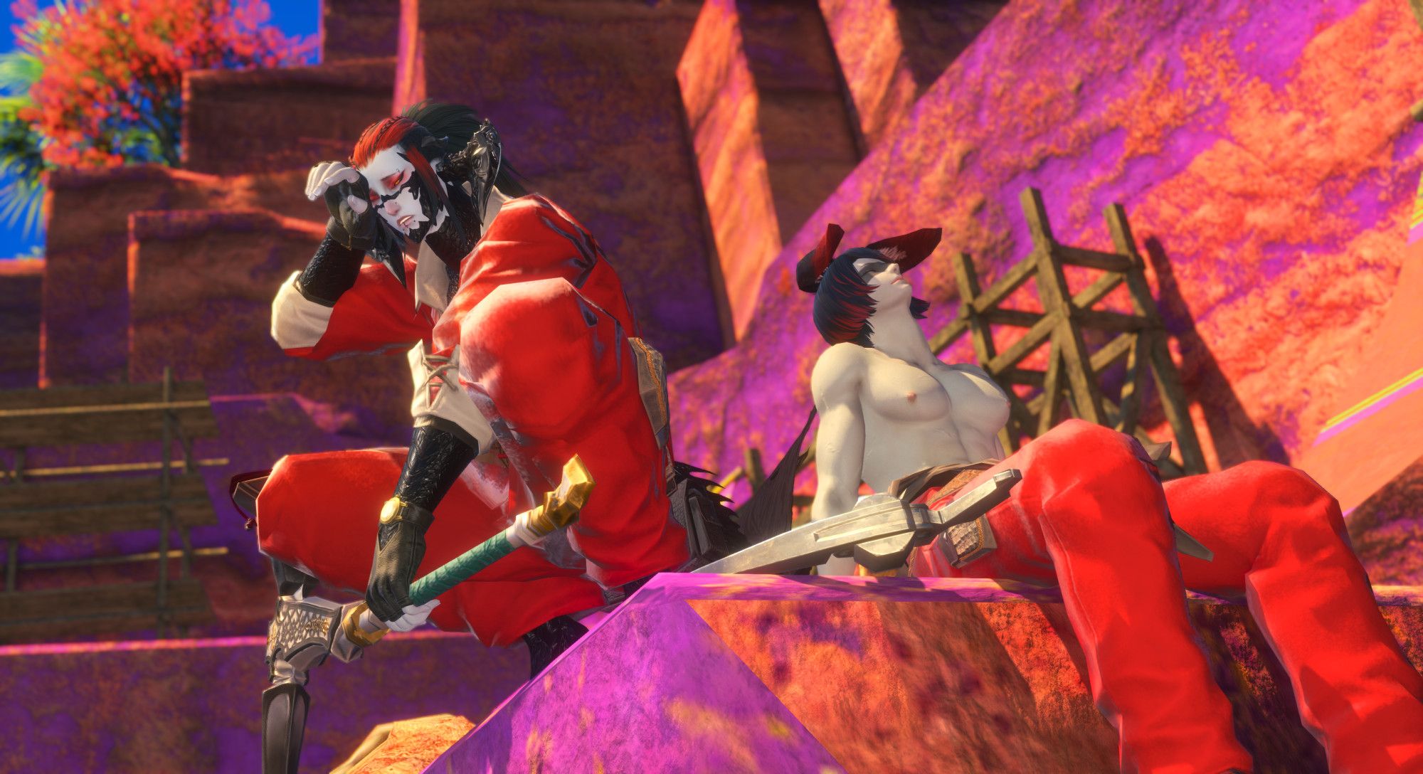 Pale-skinned Au Ra and pale grey Viera taking a break. The Au Ra is wearing red coveralls and is desperately wiping sweat from his brow while crouching, while the viera has stripped down to his waist and is sunning with his eyes closed