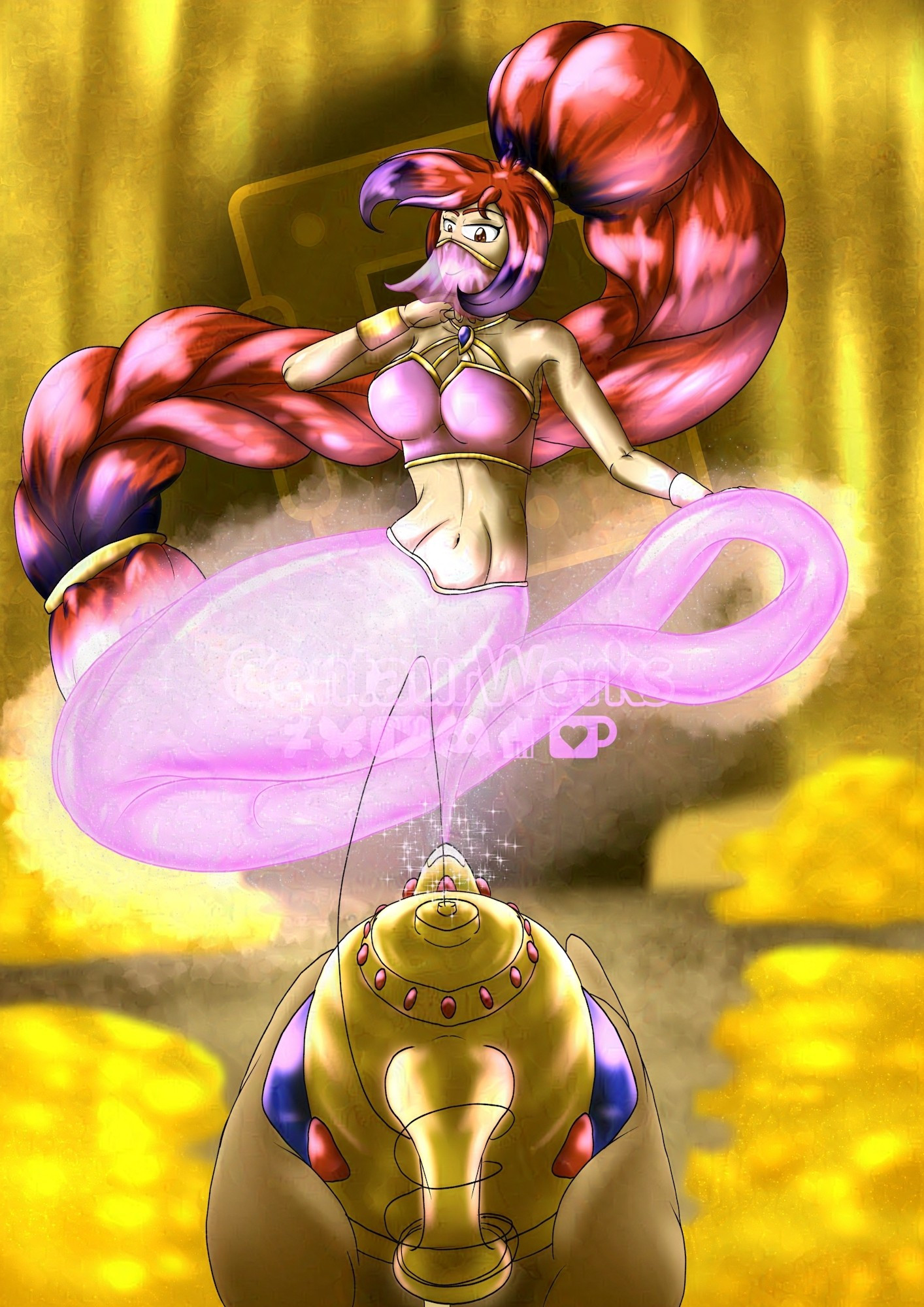 A person holding a lamp of a genie within a cave of treasures and gold. A Genie with a pink tail and a giant ponytail greets the person in glee.