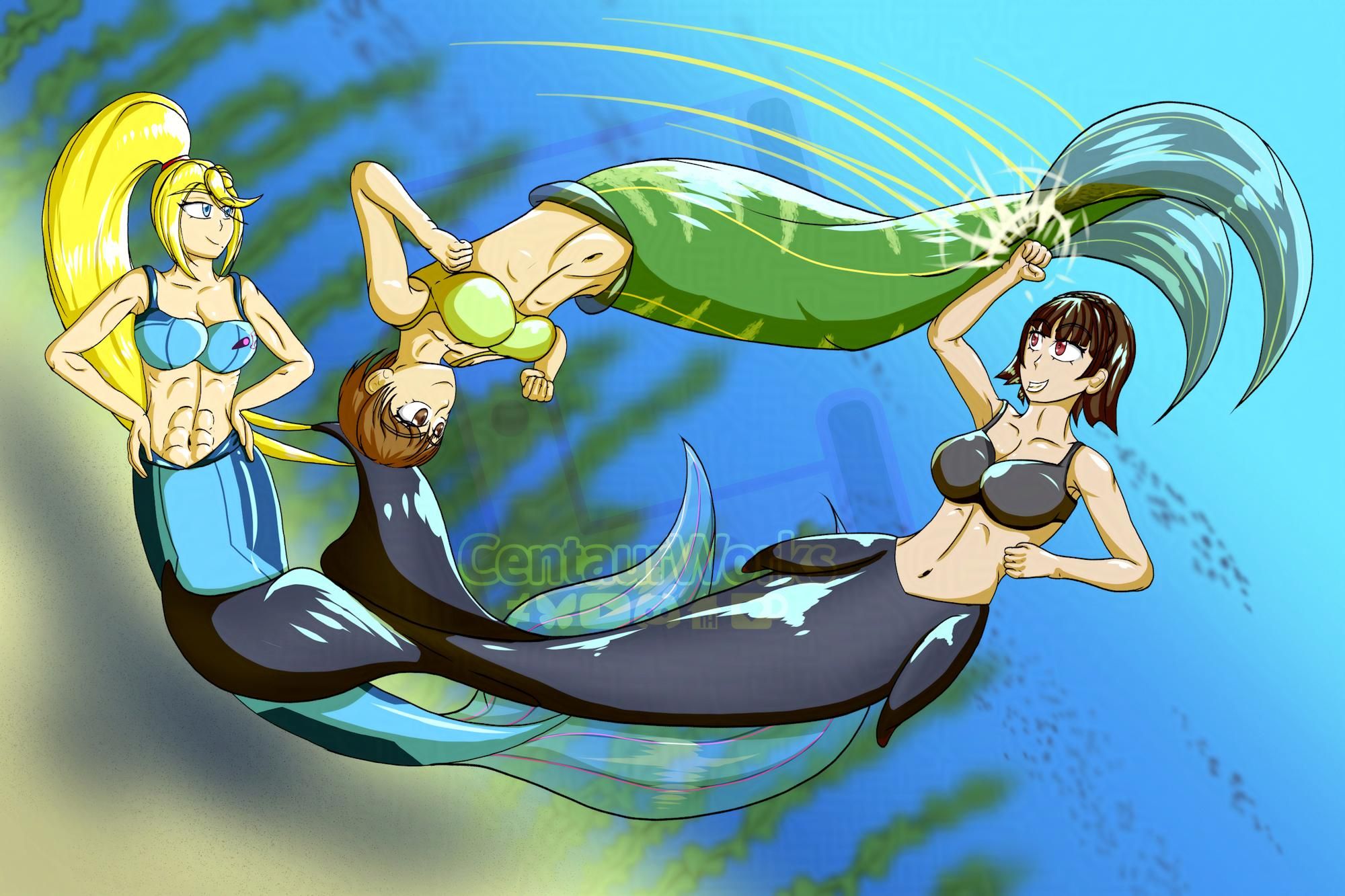 Mermaids Chie and Makoto sparring in the sea as Makoto blocks a tail strike coming down from Chie's green tail. All the while Mermaid Samus is watching over the two and being a referee.