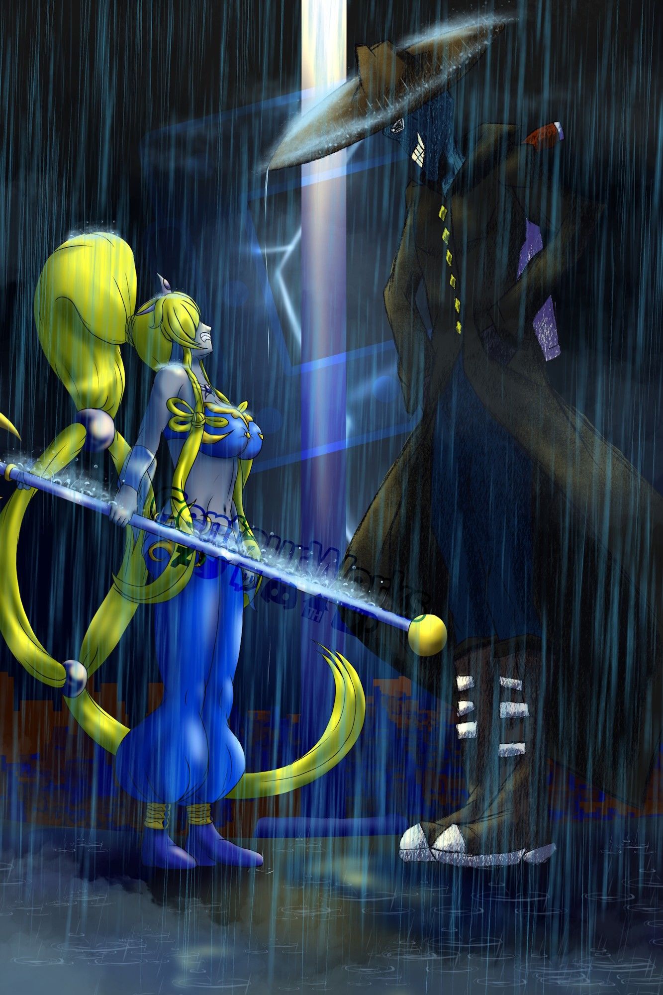 Claudia and Ego (two Original Characters) staring each other down in the pouring rain. Ego staring down at Claudia with a permanent grin.