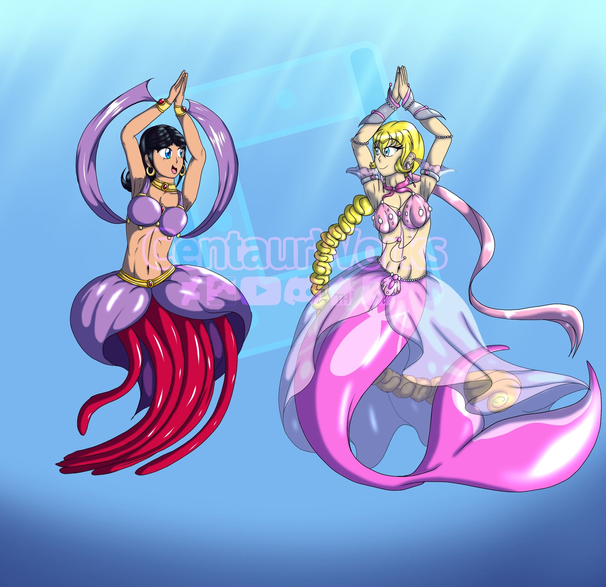 Jamila (BoboMagroto's Original Character) and Olivia (my Original Character) dancing together in the ocean.