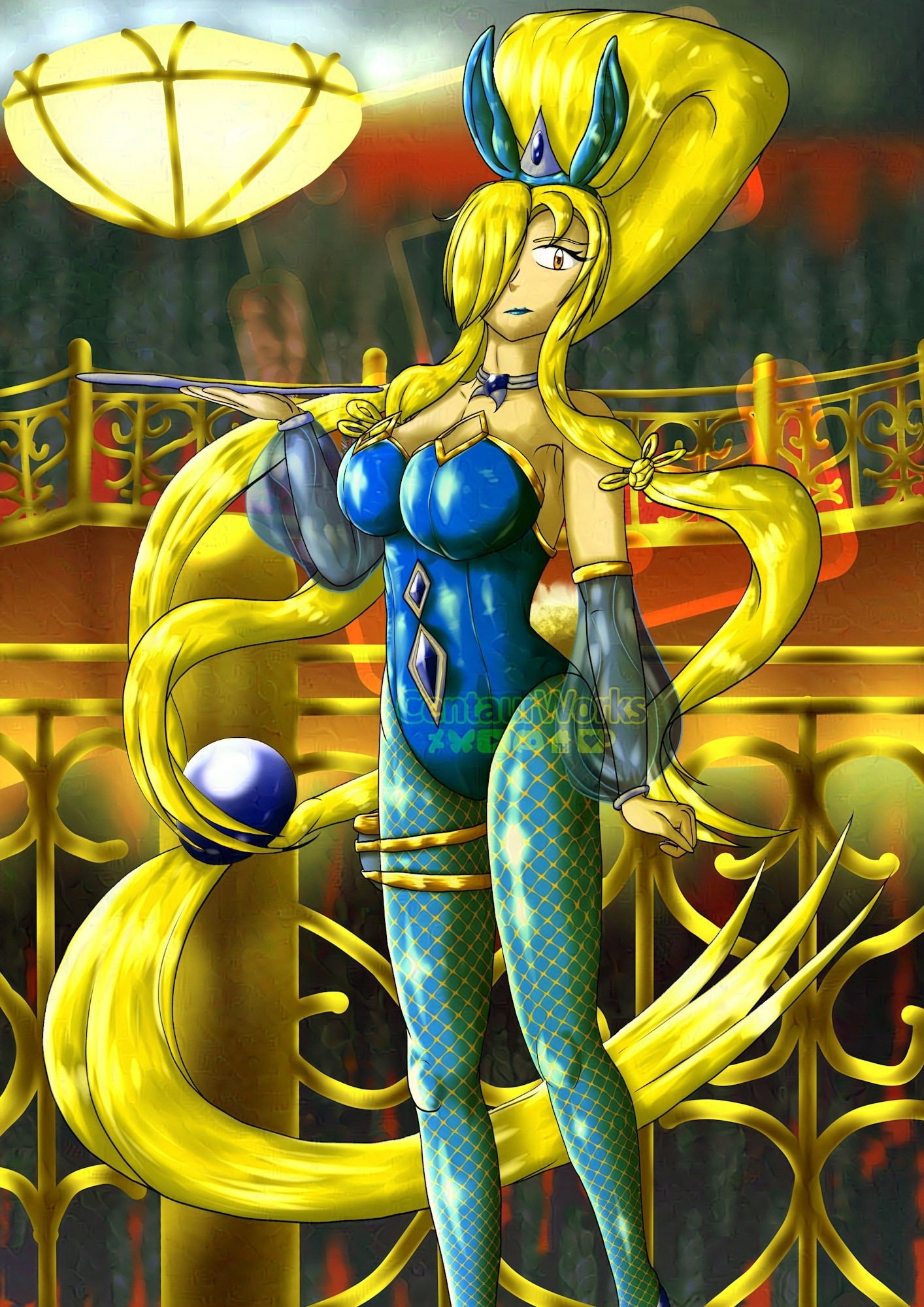 Claudia (A woman with a unique blonde ponytail and a hairbang over her right eye) is in a blue bunnygirl attire, sneaking around a casino.