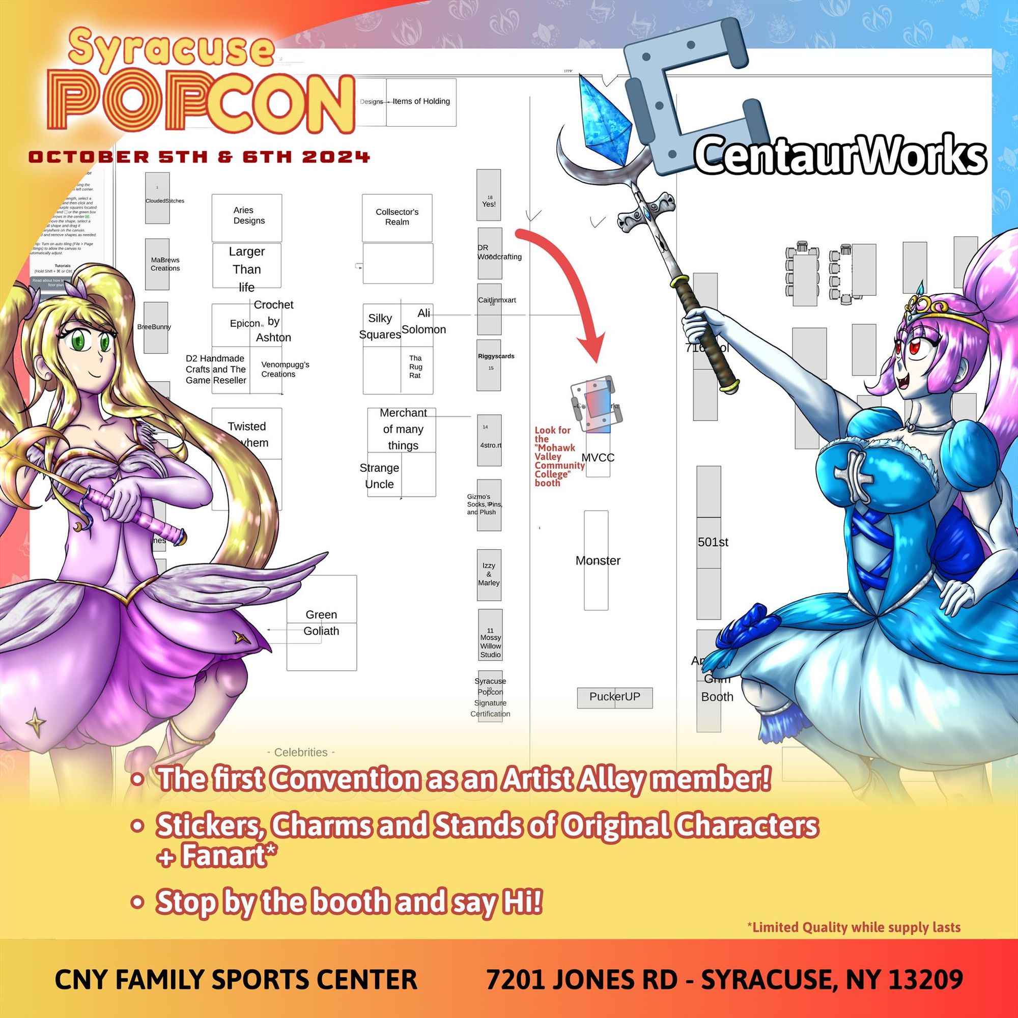 A post showcasing where my booth is located at Syracuse Popcon 2024