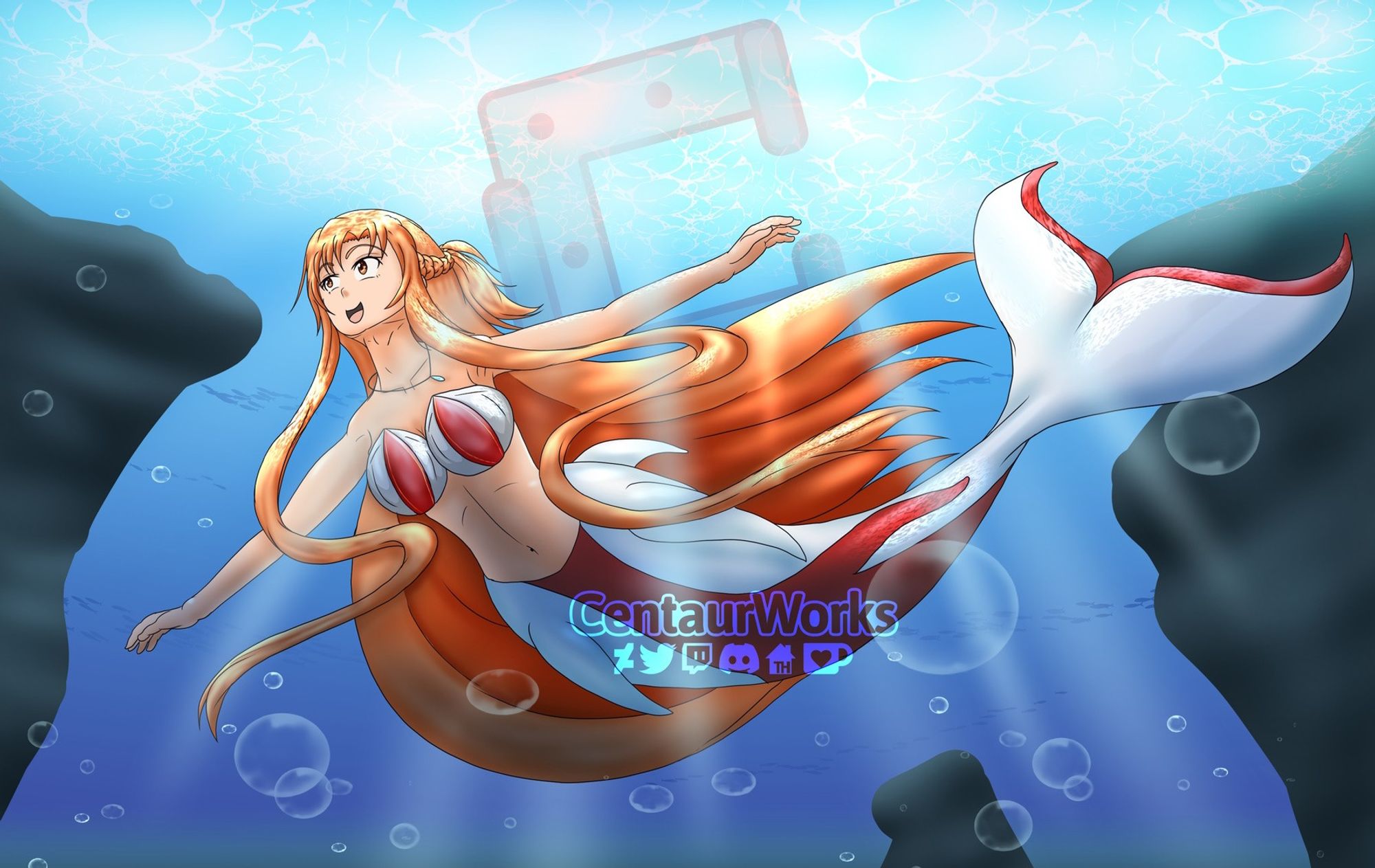 Asuna Yuuki (from Sword Art Online), swimming through the oceans of Aincrad as an Orca-Mermaid