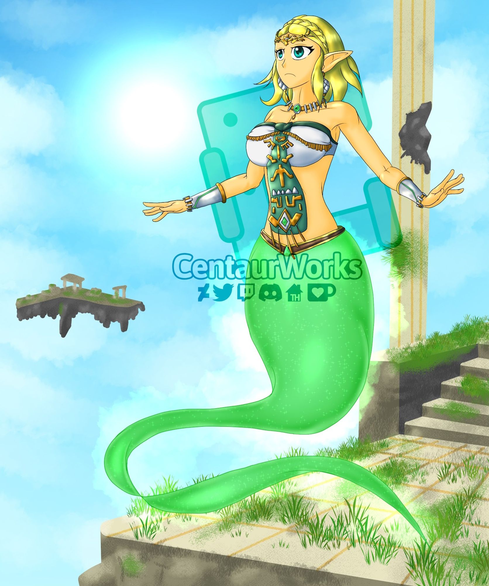 Zelda from The Legend of Zelda (Tears of the Kingdom), as a genie in the anicent ruins high above the sky, looking down at the world below with confidence.