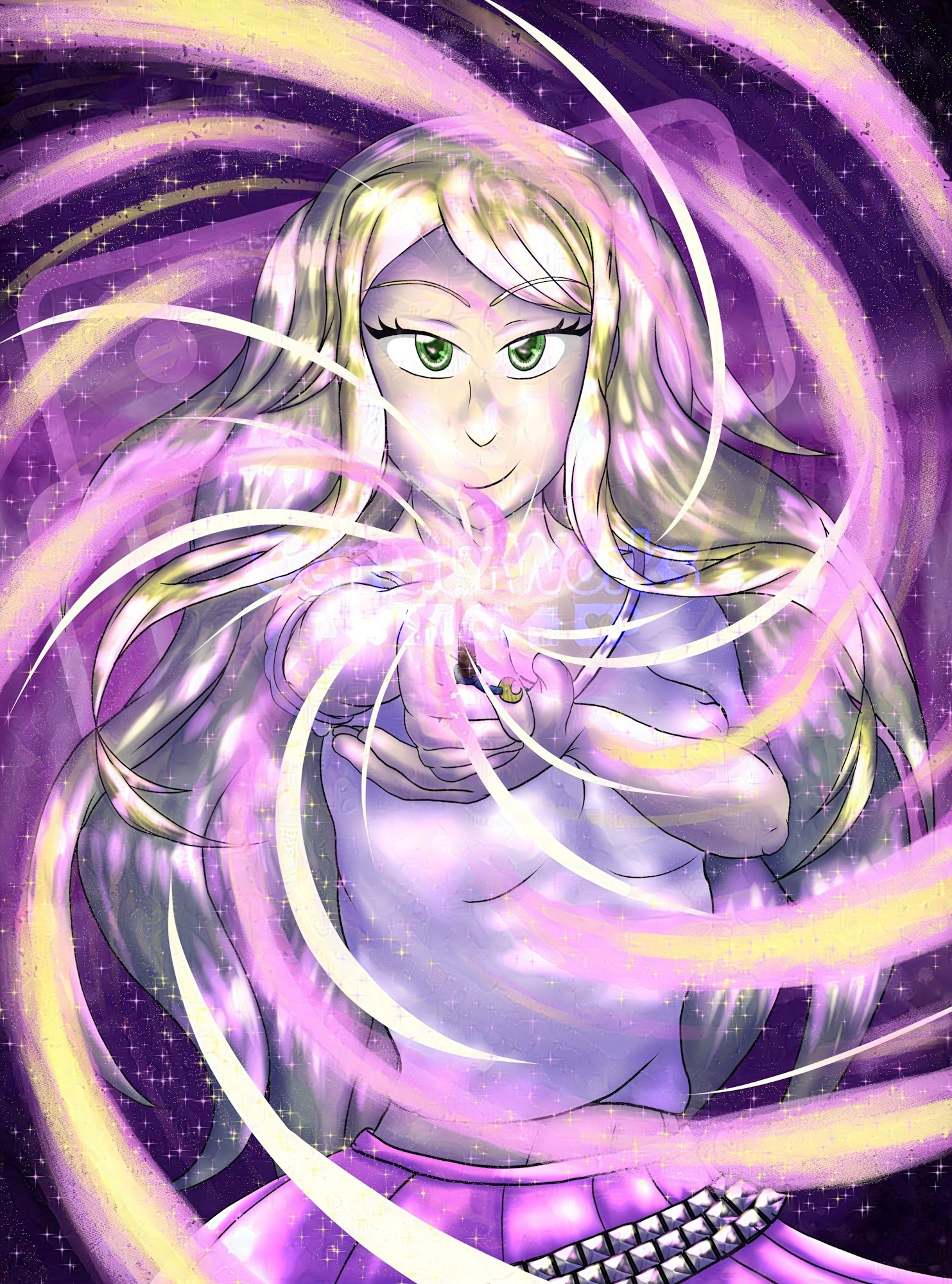 Sakura (my Original Character) is firing magic through her wand with determination. Her Blonde Hair flowing and her green eyes sparkling with pink magic.