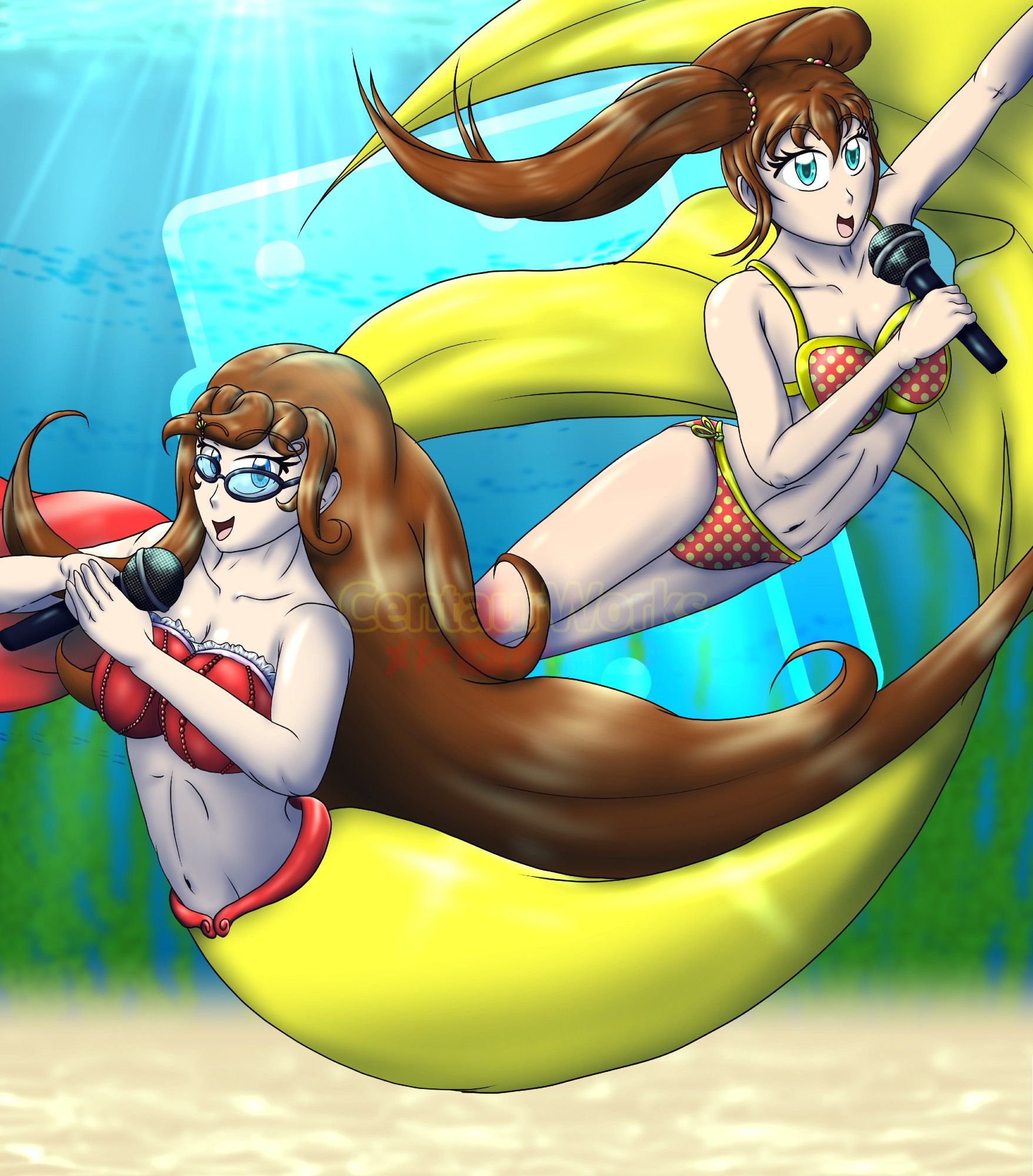 Twin Sisters Michiko and Misaki Hato (My Original Characters) singing together in the ocean.