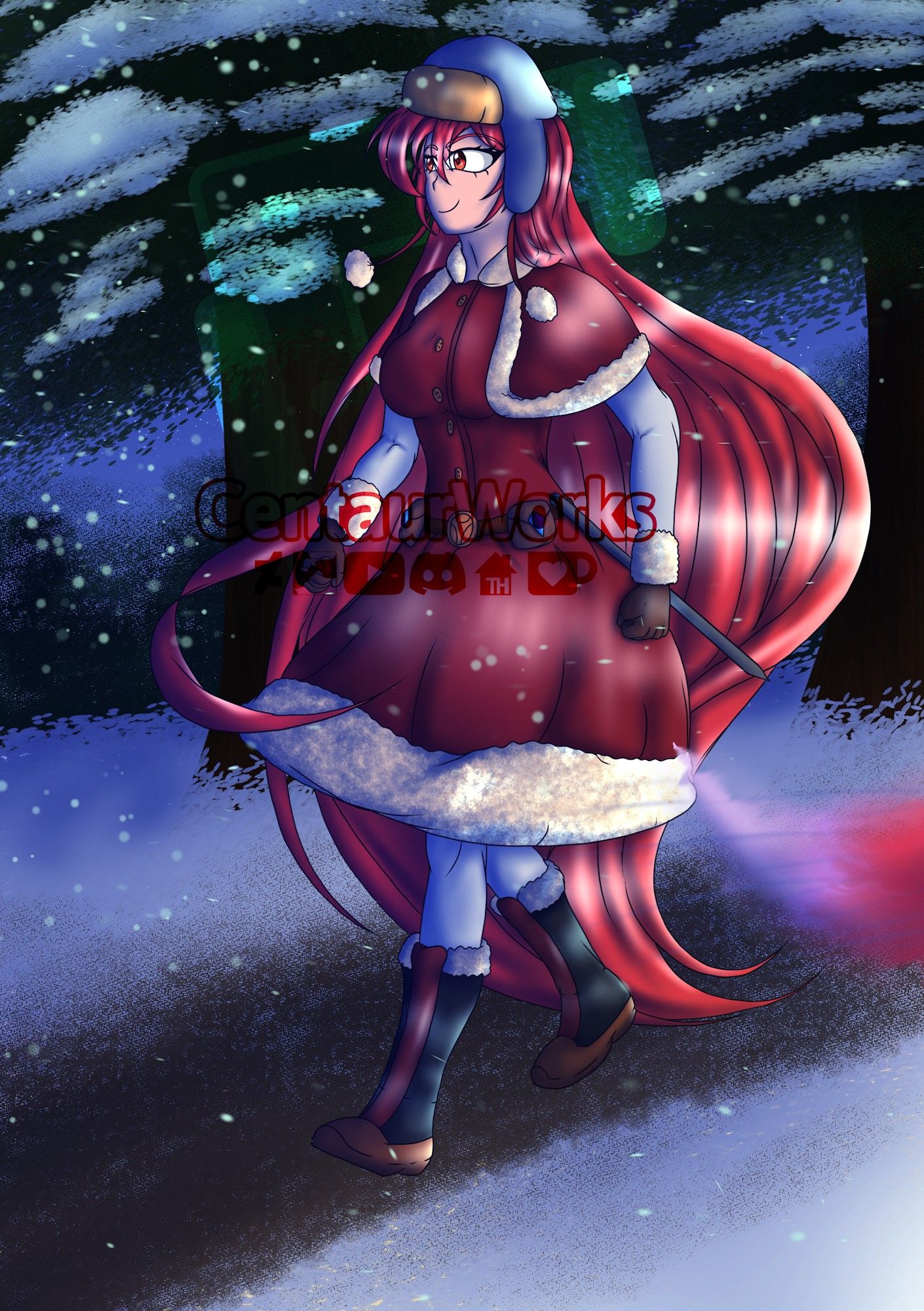 Kenna (my Original Character) taking a stroll through a forest path on a lovely and snowy winter night, while wearing her red winter attire.