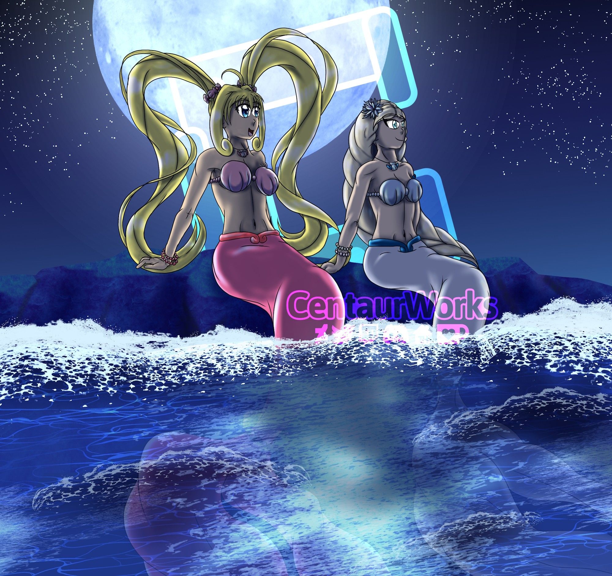 Lucia (Mermaid Melody) and Veronica (lymernil's OC) sitting together at night while chatting with each other