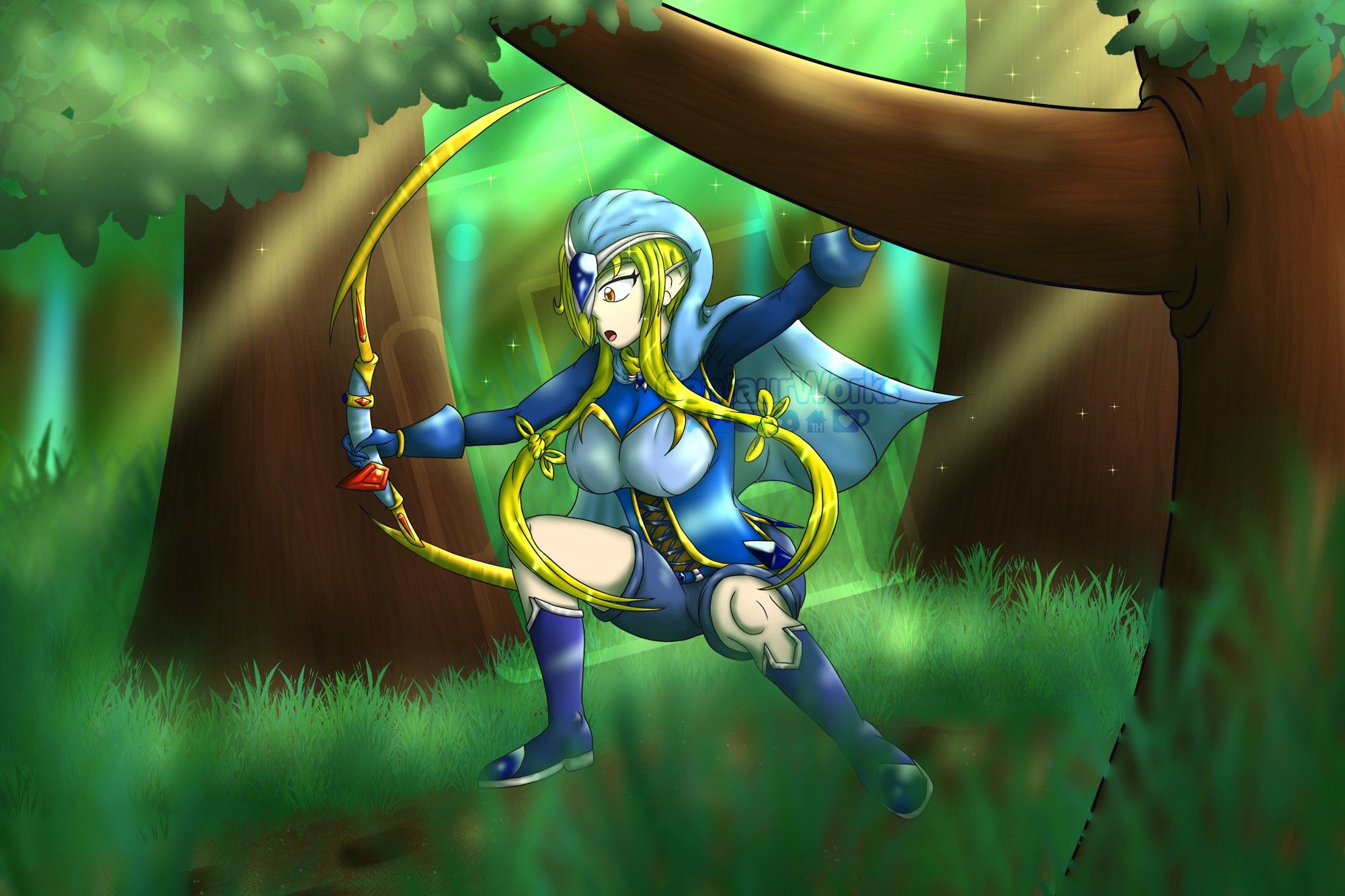 Claudia (my OC) is sneaking through the forest following the trail, while in her Elf Archer form.