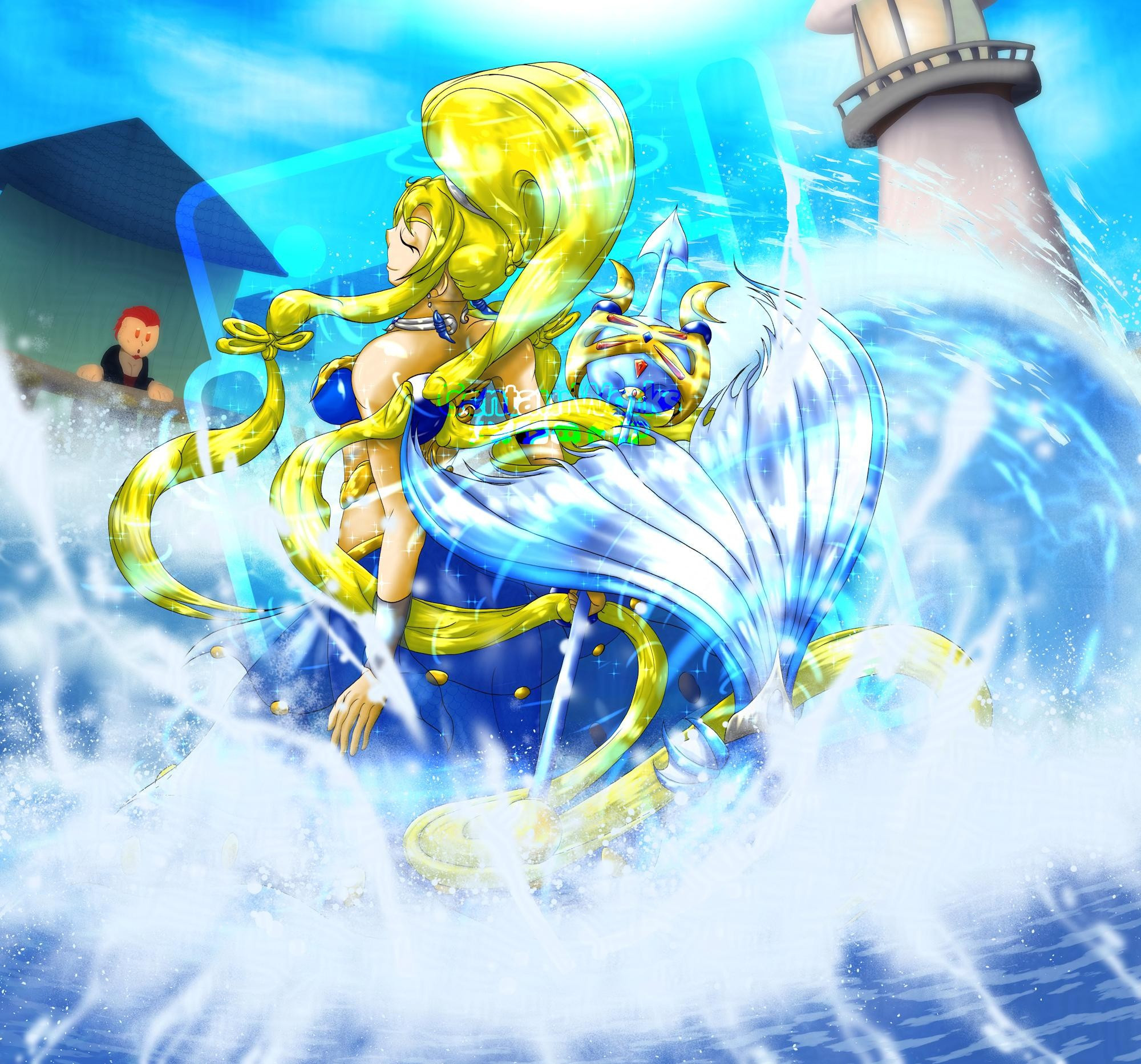 Claudia Emerging from the water as a Blue Mermaid. Water splashing everywhere with blue magic swirling around her, waves crashing and lifting her up as he holds a blue and gold trident formed from an old genie vessel. Off the coast is a lighthouse to the right, and to the left is Aaron (a red headed tan muscular man) watching in the distance from the railing with awe.