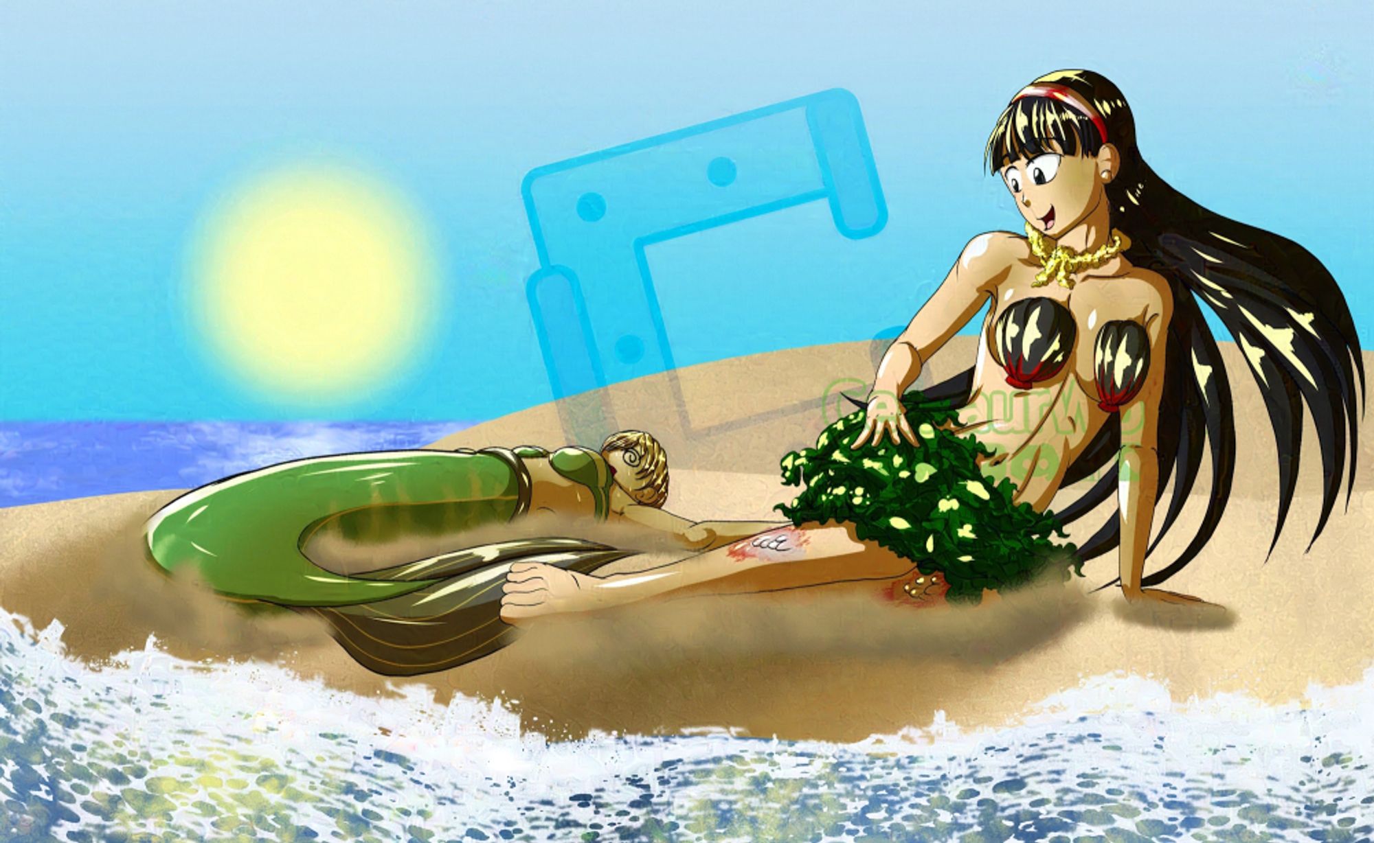 Yukiko (Persona 4) looking down at her newly formed legs after being a mermaid while Mermaid Chie (Persona 4) is wiped out from carrying her to the surface, laying on the sandy ground on the beach as day breaks.