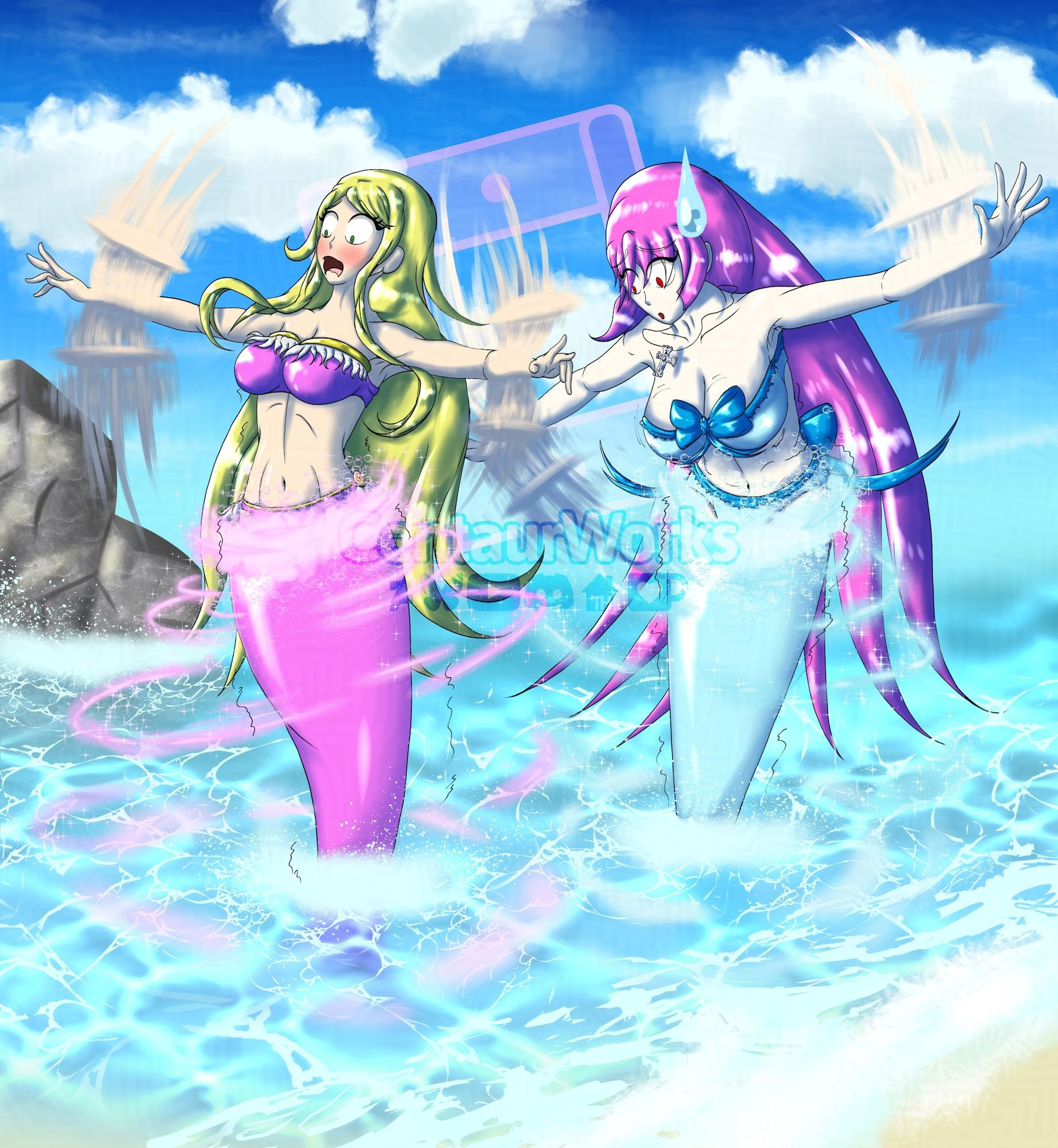 Sakura and Cynthia (my Original characters on the left and right respectively) are in the water while standing during a mid mermaid transformation. Their arms flailing as they try to keep balance as the magical change reached their waist.