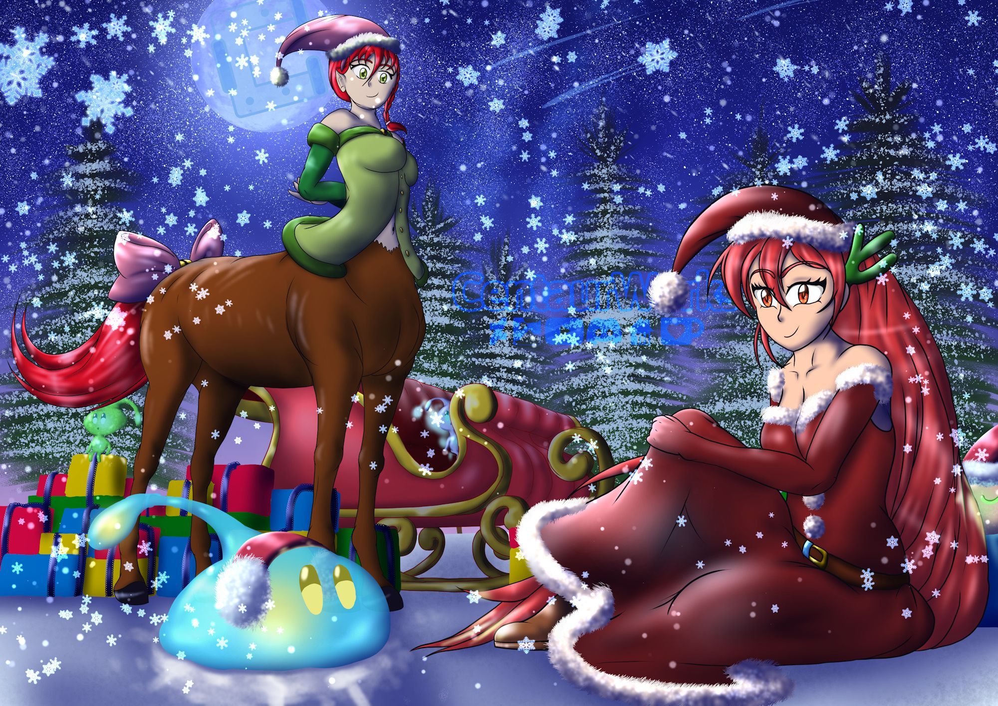 Peyton and Kenna (my Original Characters) posing and preparing for Christmas Night as several Basalees (my Slimes) are around the area.