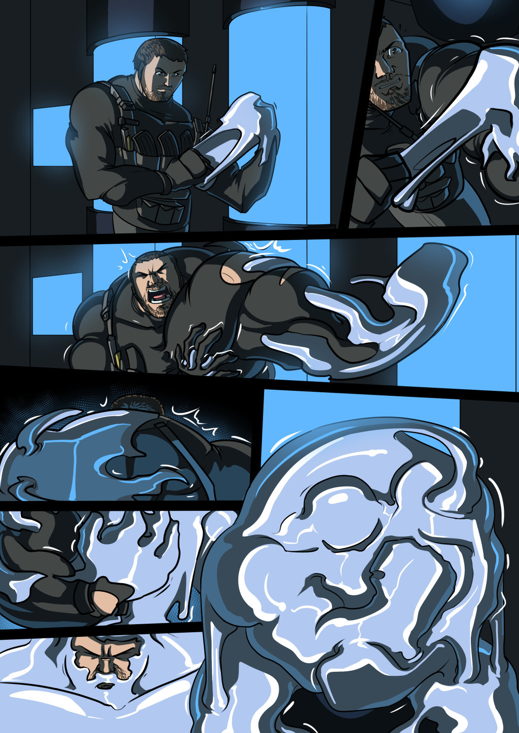 First part of a comic, where Chris Redfield from Resident Evil encounters a pile of experimental goo. He somehow got it on his hand, from which it begun taking him over, growing him inside out and covering him. As he struggles with this situation he's covered whole and grows.