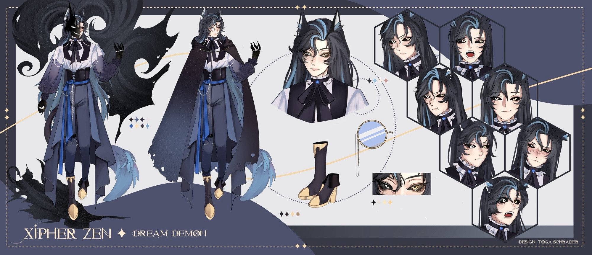 Zen character sheet, a man with cat ears, long dark blue hair, black claws and Victorian style fantasy clothing 