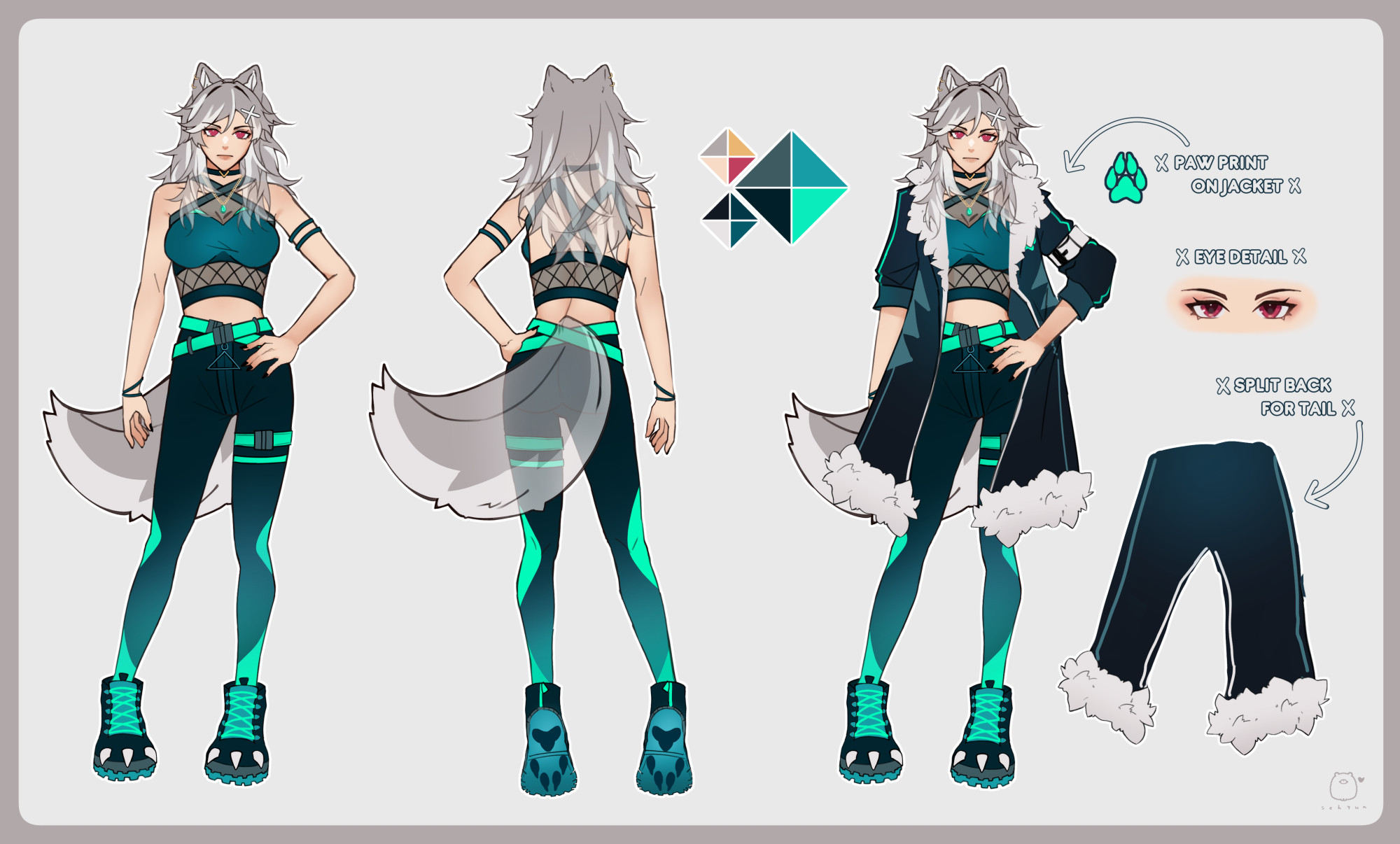 Reference sheet of Vana's vtuber model, showing 3 full body versions: front of her model (no jacket), back of model (no jacket) and front of model again but wearing her jacket. Also shows a close up her jacket emblem, eyes and how the bottom of her jacket looks.