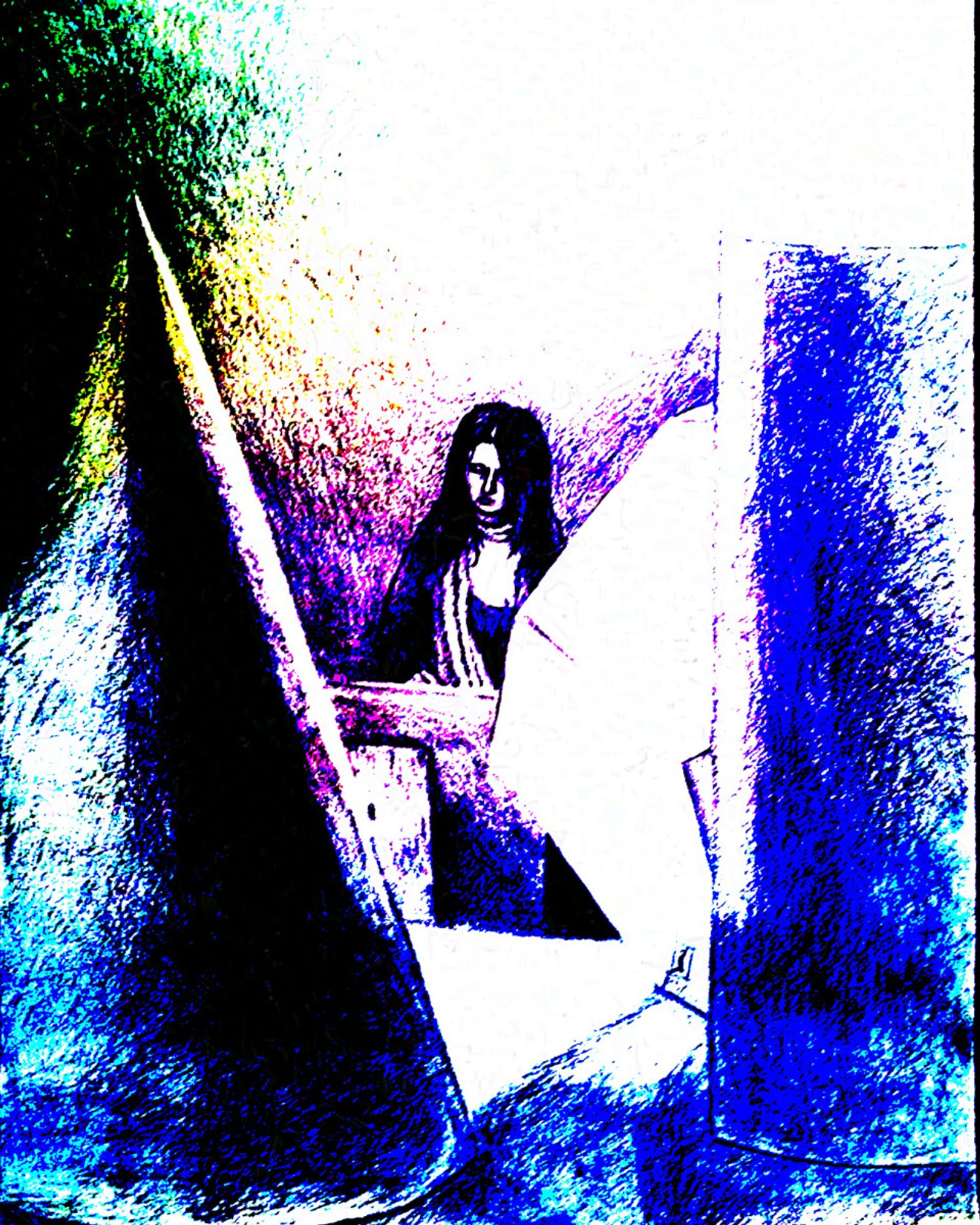 a pencil drawing of a geometric objects still life with a young woman classmate with dark hair at a drawing easel through the other side. It's been put through a digital filter that makes the darks closer to black and the grayscale a range of rainbow like rays from the light source in the image.