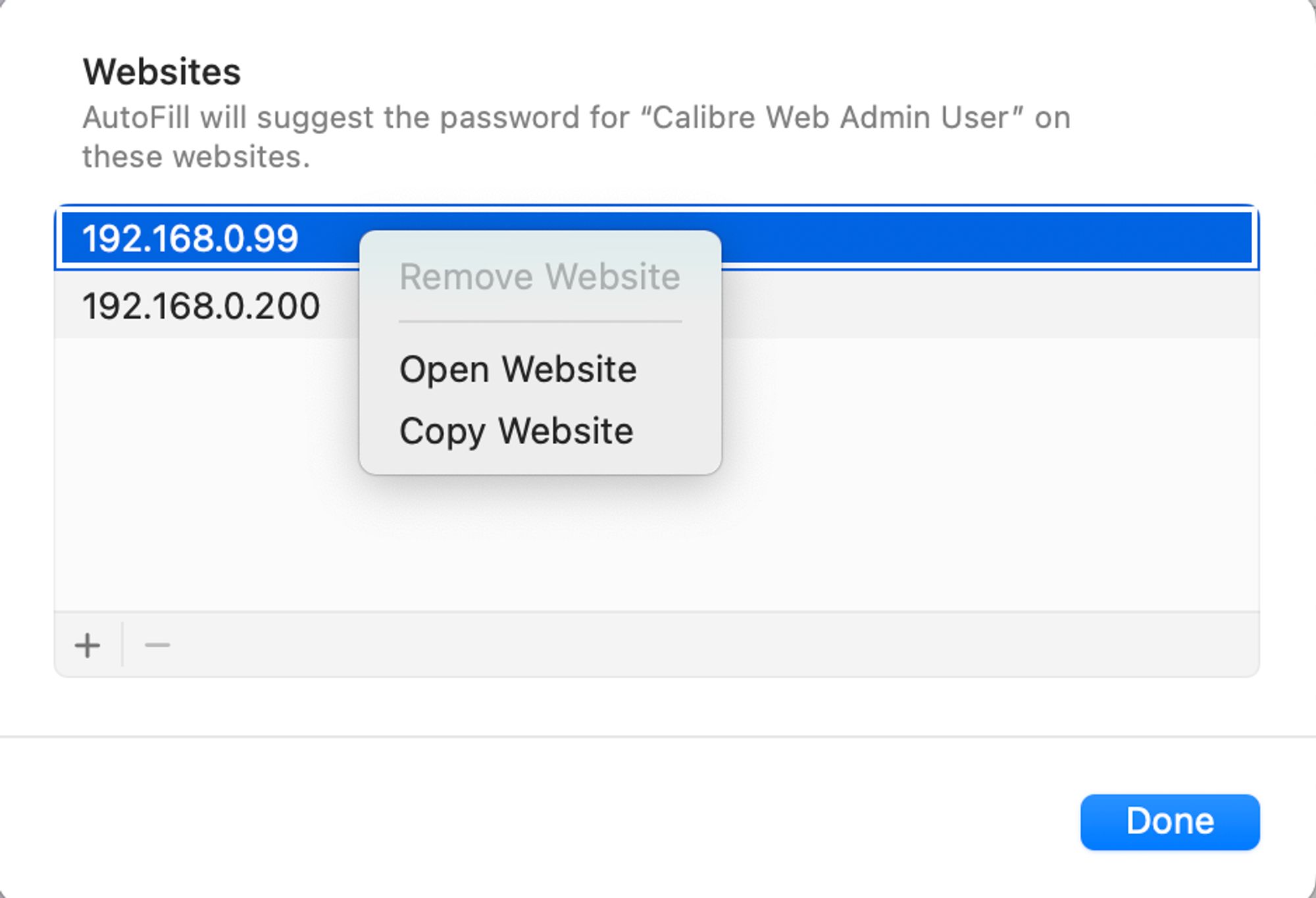 apple passwords showing a popup menu for a URL with the "remove" option greyed out