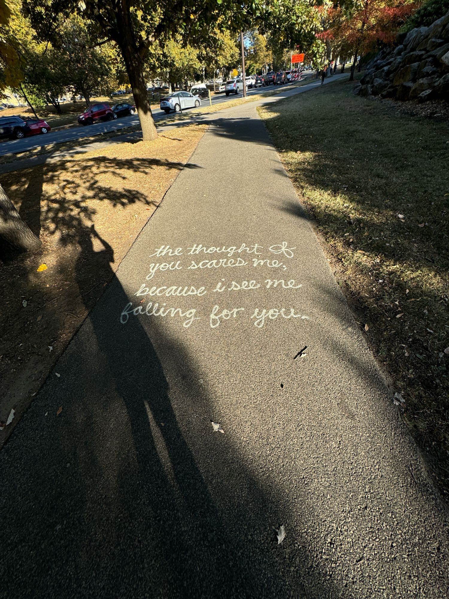 “The thought of you scares me, because i see me falling for you” is painted in white cursive script on the sidewalk, in the shadow of the Philadelphia Museum Of Art