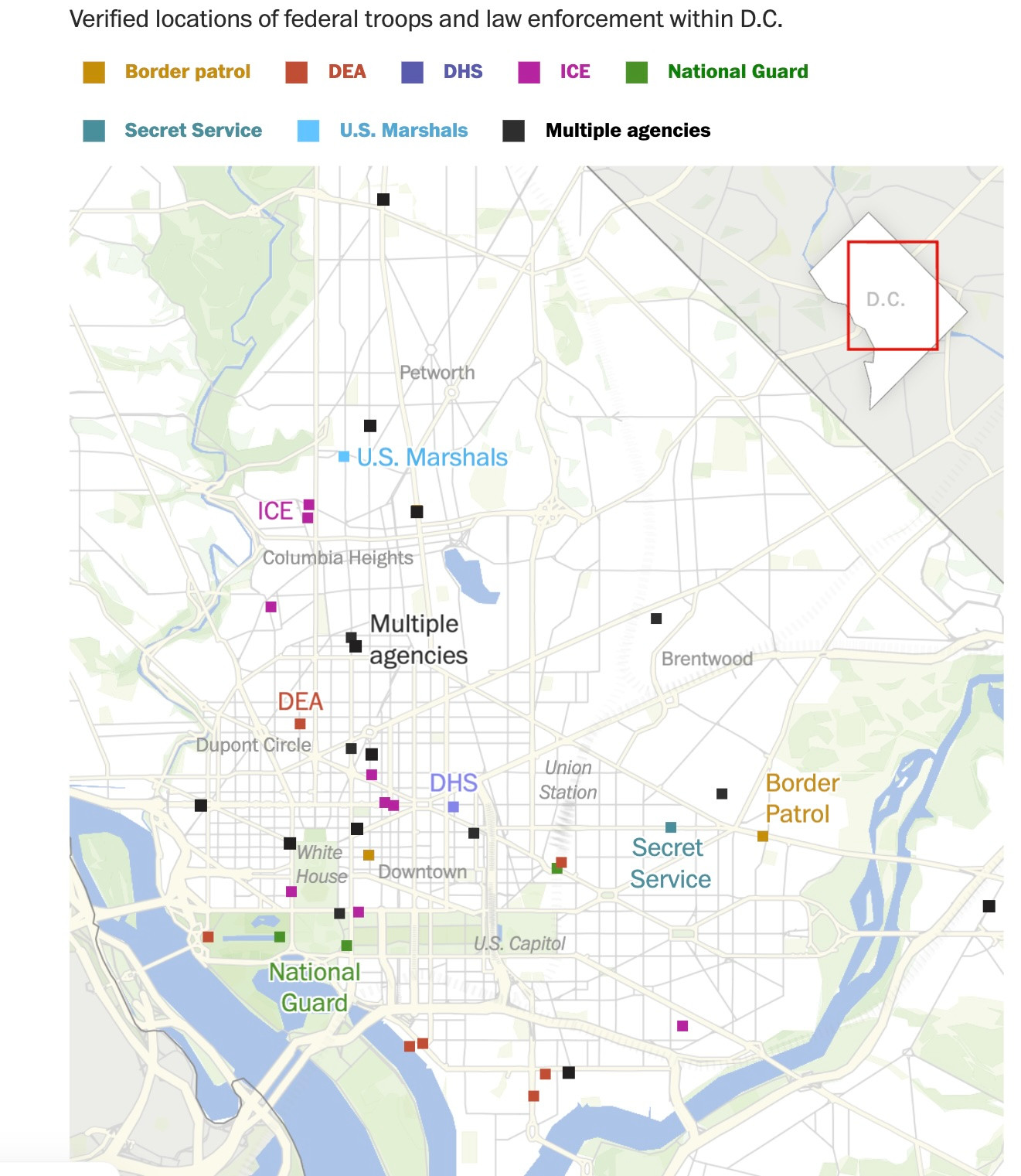 Map of DC showing federal troops mainly in tourist-heavy areas, not crime centers.